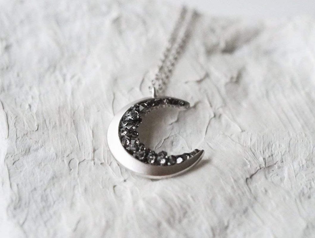 Silver Plated Crescent Moon Encrusted with Black Crystals Jewels Long Necklace