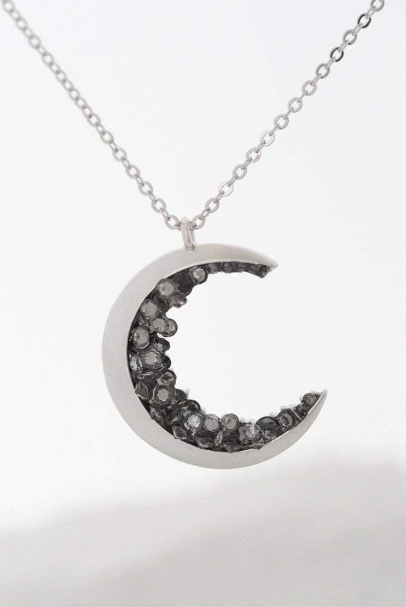Silver Plated Crescent Moon Encrusted with Black Crystals Jewels Long Necklace