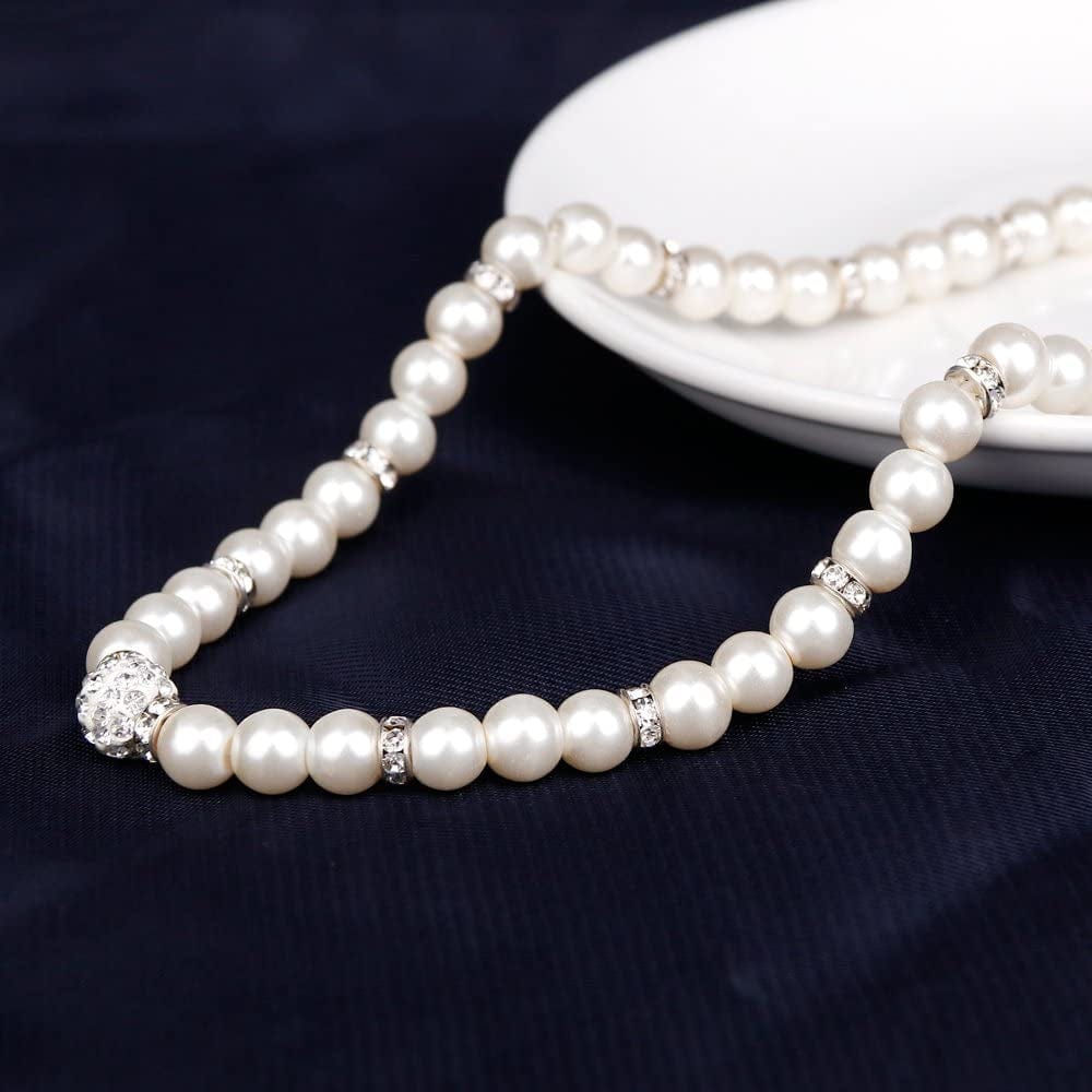 Silver Plated Faux Pearl Necklace Earring Bracelet Jewelry Set Pearl Necklace Set (White4)