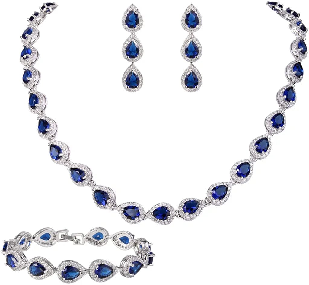 Silver-Tone CZ Birthstone Elegant Tear Drop Necklace Earrings Bracelet Set Blue