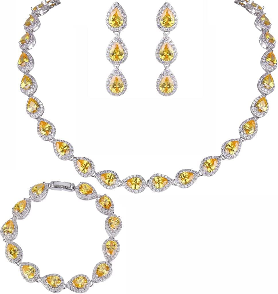 Silver-Tone CZ Birthstone Elegant Tear Drop Necklace Earrings Bracelet Set Yellow