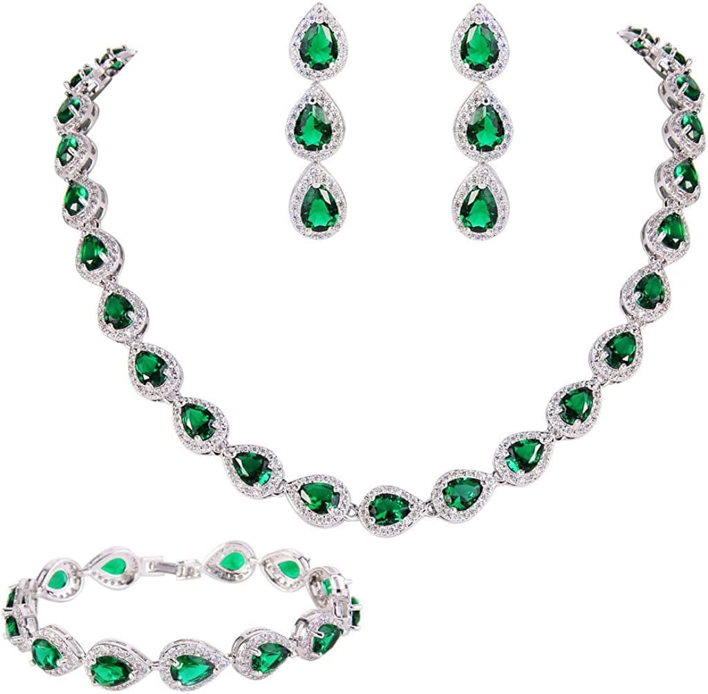 Silver-Tone CZ Birthstone Elegant Tear Drop Necklace Earrings Bracelet Set Green