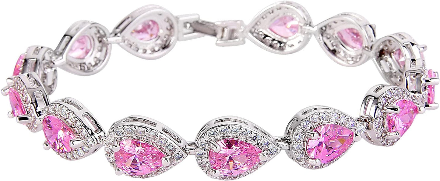 Silver-Tone CZ Birthstone Elegant Tear Drop Necklace Earrings Bracelet Set