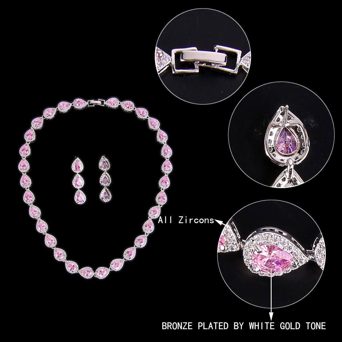 Silver-Tone CZ Birthstone Elegant Tear Drop Necklace Earrings Bracelet Set