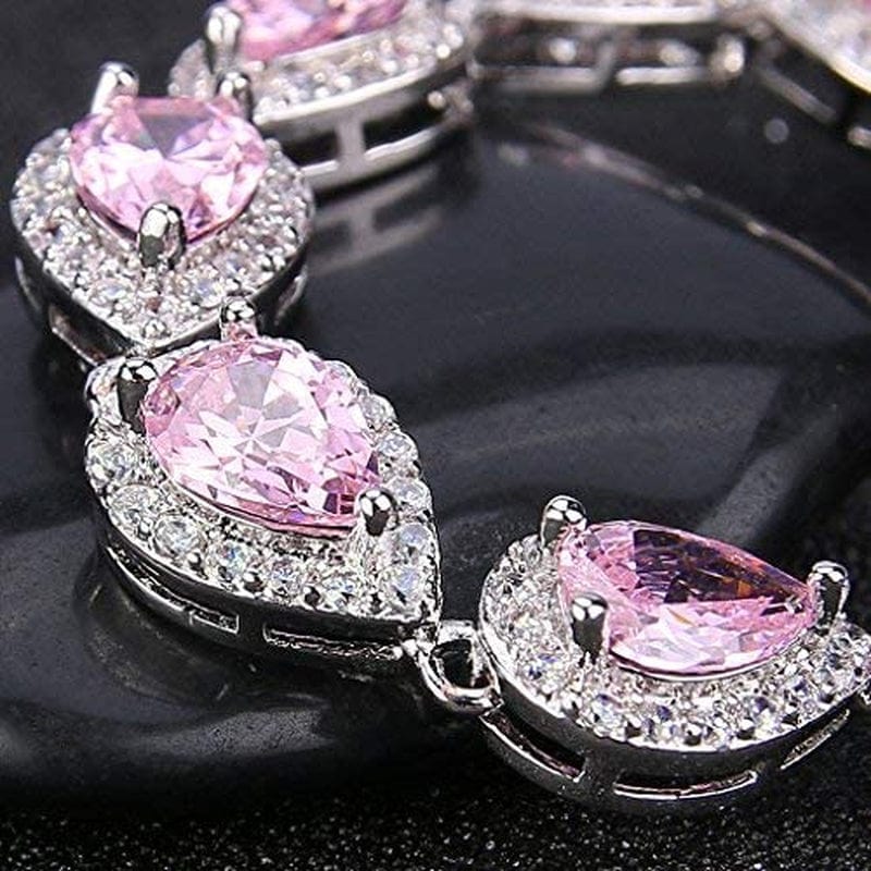 Silver-Tone CZ Birthstone Elegant Tear Drop Necklace Earrings Bracelet Set
