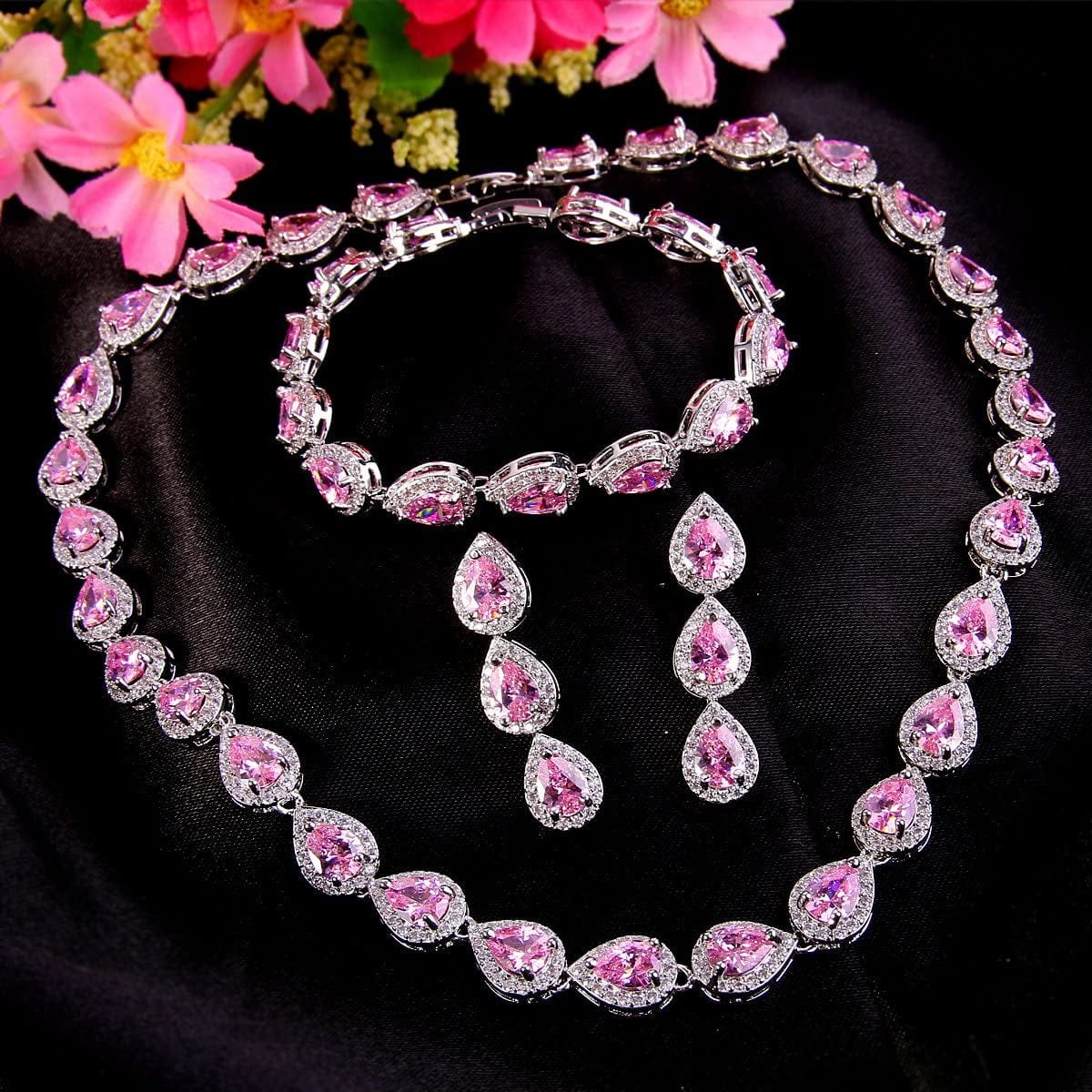 Silver-Tone CZ Birthstone Elegant Tear Drop Necklace Earrings Bracelet Set