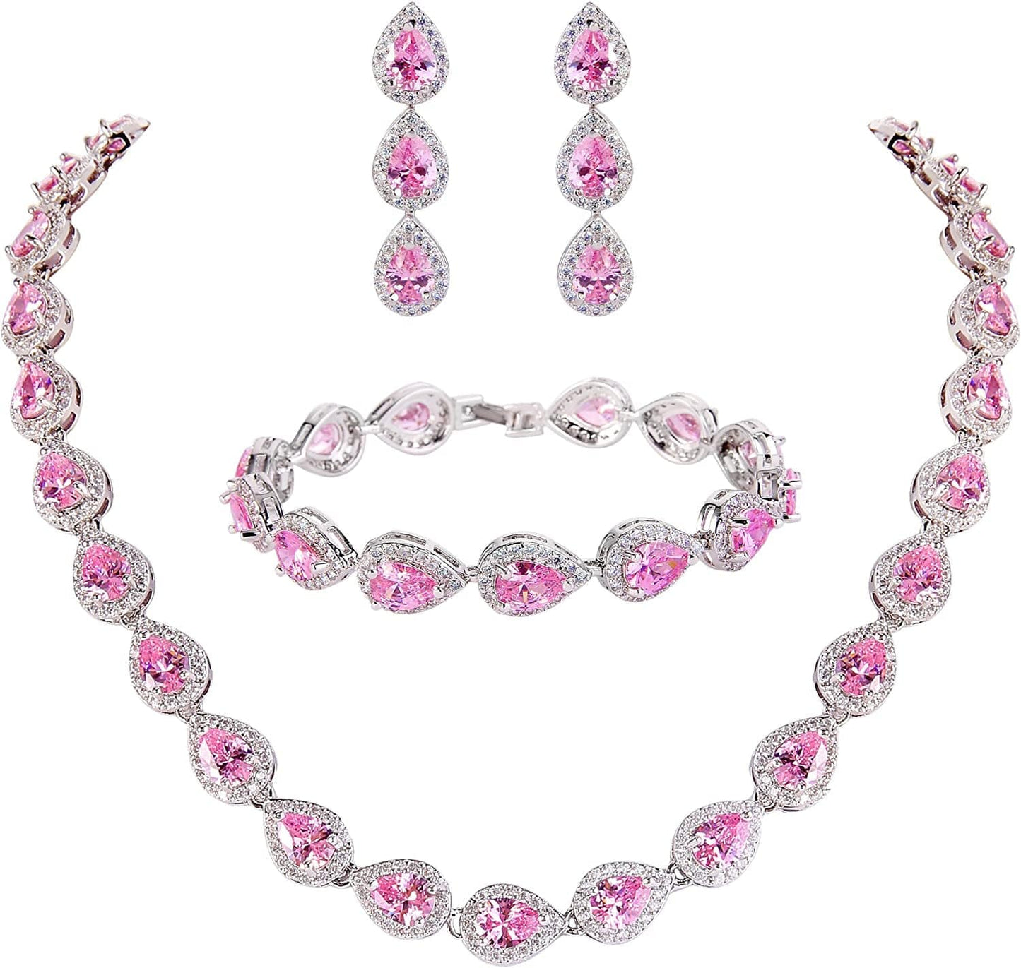 Silver-Tone CZ Birthstone Elegant Tear Drop Necklace Earrings Bracelet Set Pink