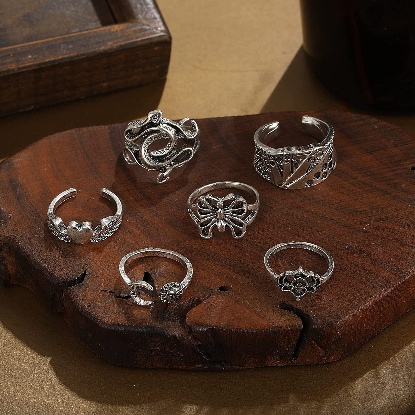 Silver Vintage Goth Punk Rings Set for Men Girls Women, Cool Gothic Ring Pack, Trendy Stackable Boho Chunky Knuckle Emo Full Finger Rings, Adjustable Open Snake Butterfly Ace Eboy Y2K Ring 1-1