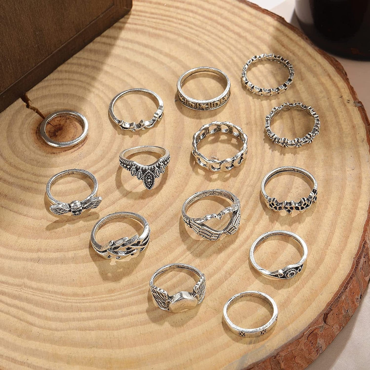 Silver Vintage Goth Punk Rings Set for Men Girls Women, Cool Gothic Ring Pack, Trendy Stackable Boho Chunky Knuckle Emo Full Finger Rings, Adjustable Open Snake Butterfly Ace Eboy Y2K Ring 1-1