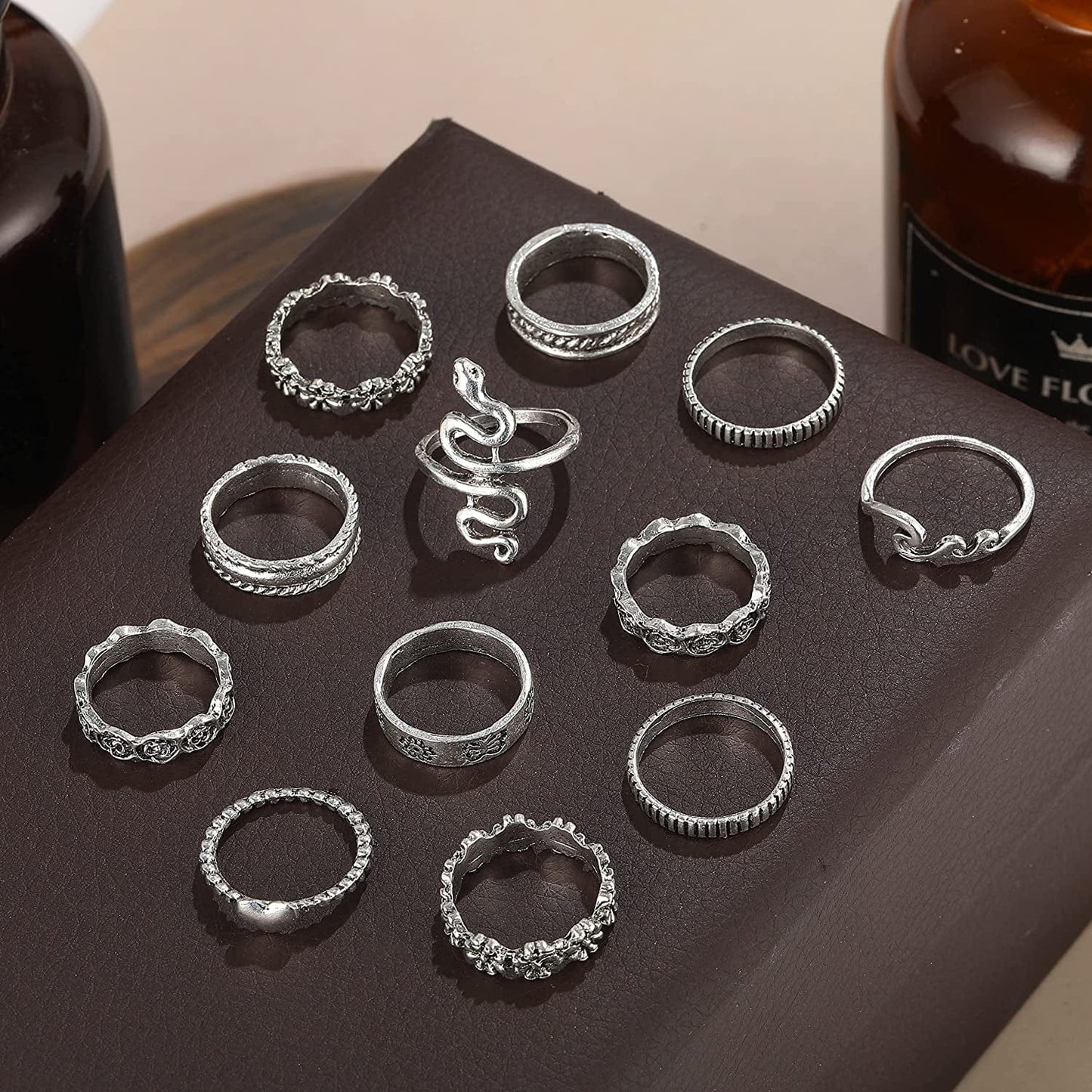 Silver Vintage Goth Punk Rings Set for Men Girls Women, Cool Gothic Ring Pack, Trendy Stackable Boho Chunky Knuckle Emo Full Finger Rings, Adjustable Open Snake Butterfly Ace Eboy Y2K Ring 1-1