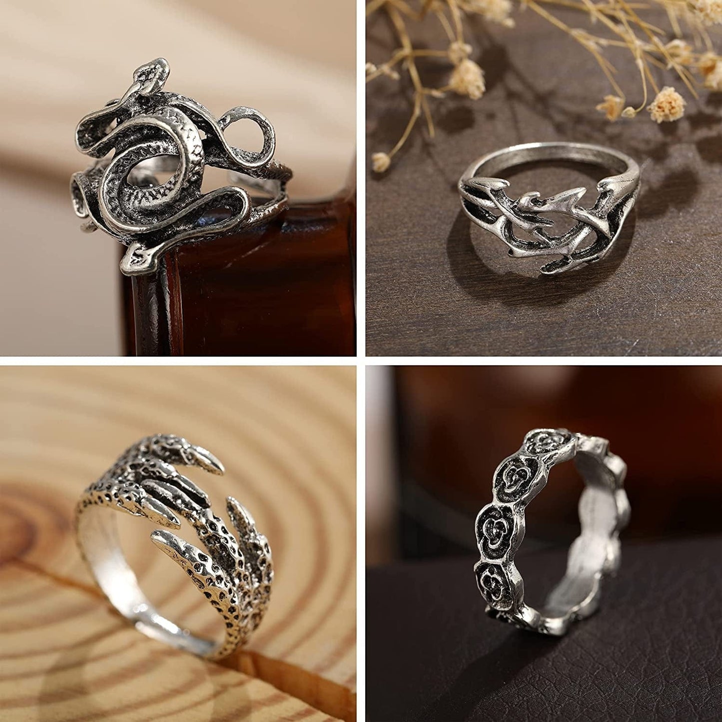 Silver Vintage Goth Punk Rings Set for Men Girls Women, Cool Gothic Ring Pack, Trendy Stackable Boho Chunky Knuckle Emo Full Finger Rings, Adjustable Open Snake Butterfly Ace Eboy Y2K Ring 1-1