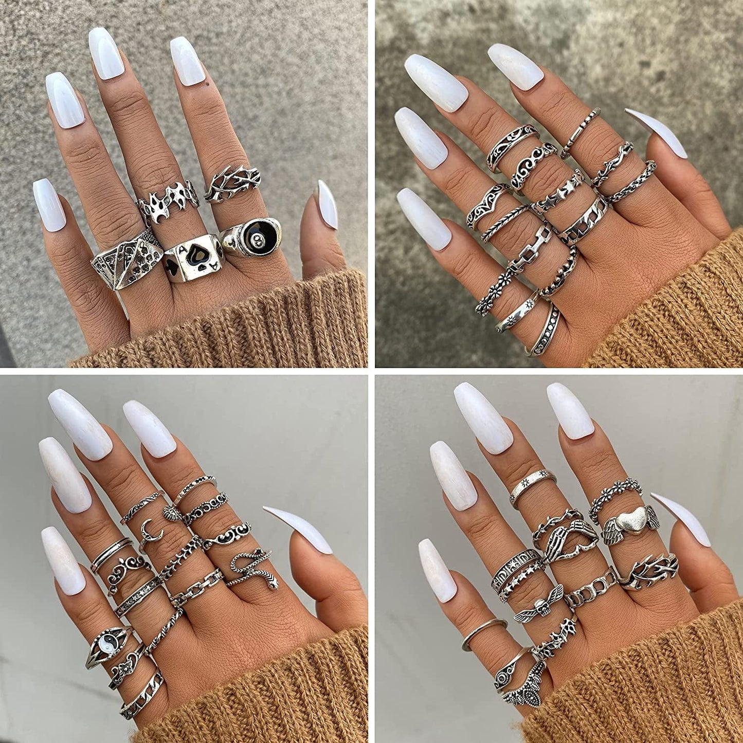 Silver Vintage Goth Punk Rings Set for Men Girls Women, Cool Gothic Ring Pack, Trendy Stackable Boho Chunky Knuckle Emo Full Finger Rings, Adjustable Open Snake Butterfly Ace Eboy Y2K Ring 1-1