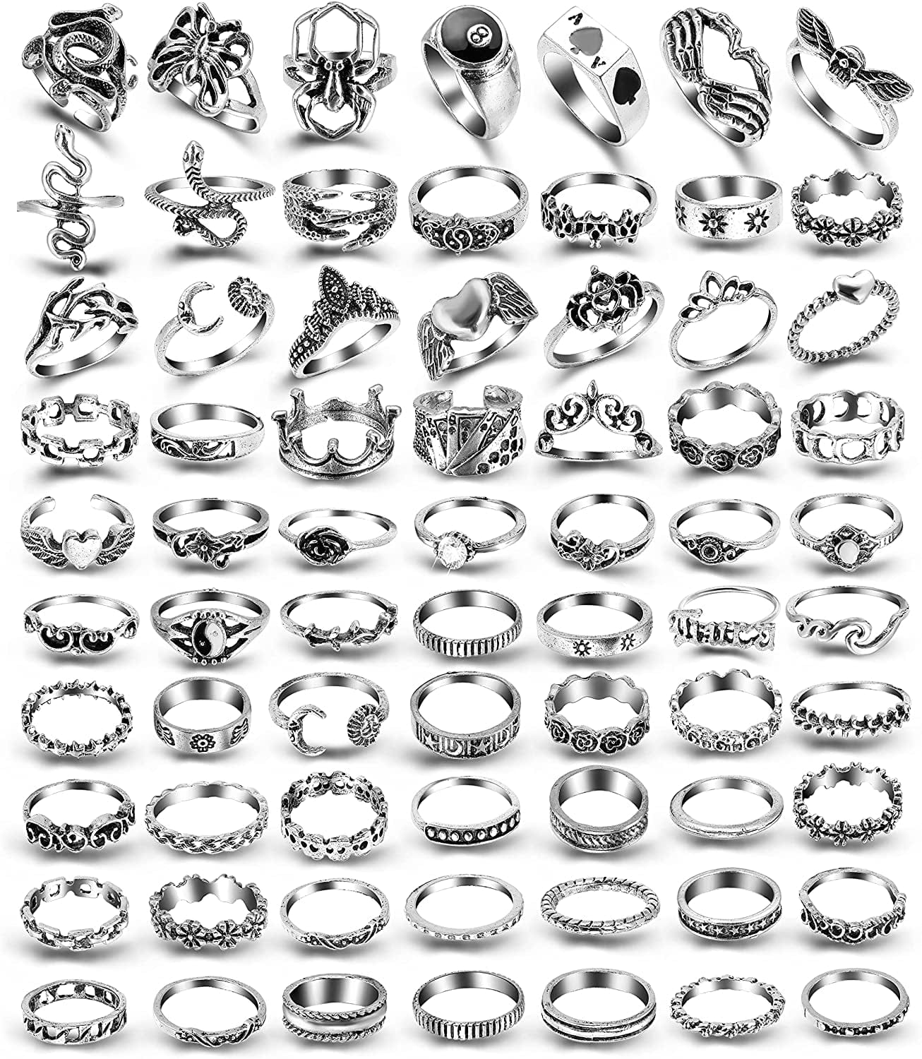 Silver Vintage Goth Punk Rings Set for Men Girls Women, Cool Gothic Ring Pack, Trendy Stackable Boho Chunky Knuckle Emo Full Finger Rings, Adjustable Open Snake Butterfly Ace Eboy Y2K Ring 1-1