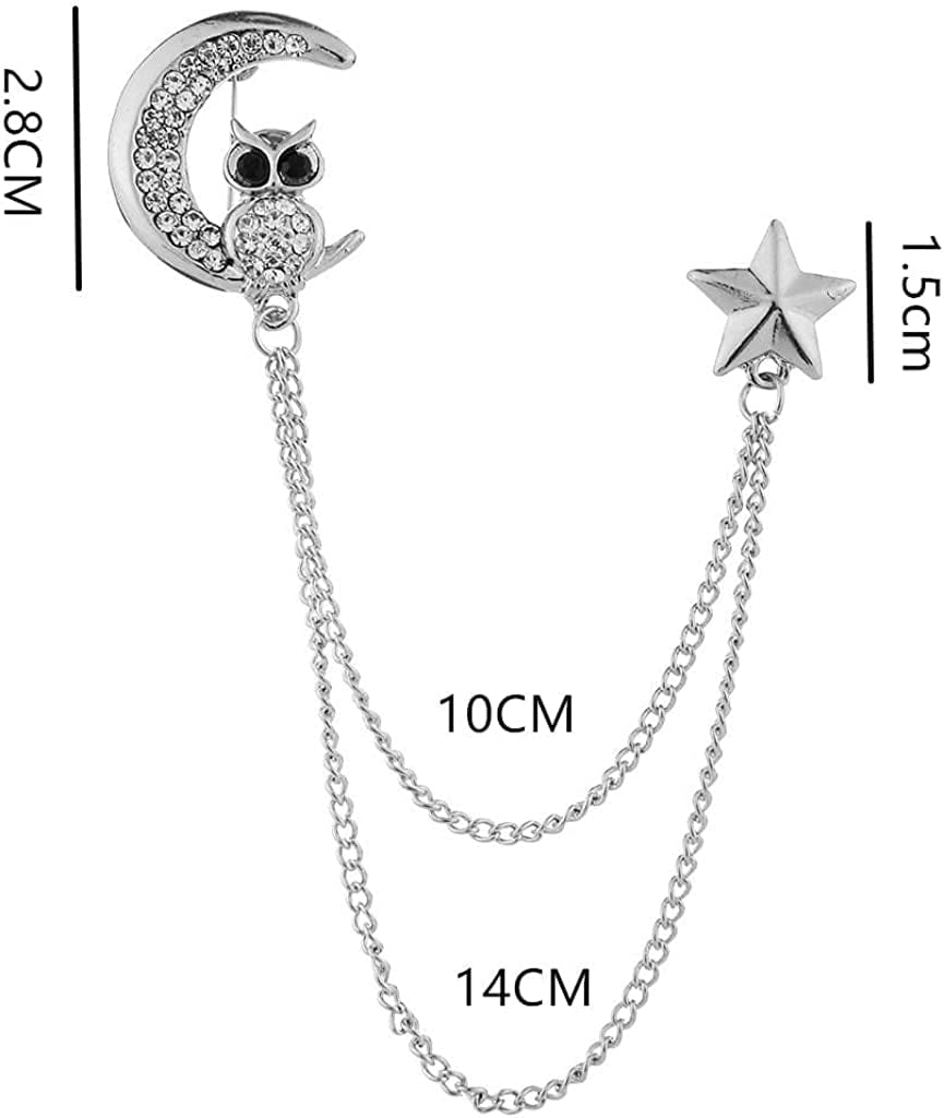 Simhoa Crystal Moon Brooch Chain, Lapel Pins Badge with Chain Tassel for Blouse Shirt Collar Pins Silver