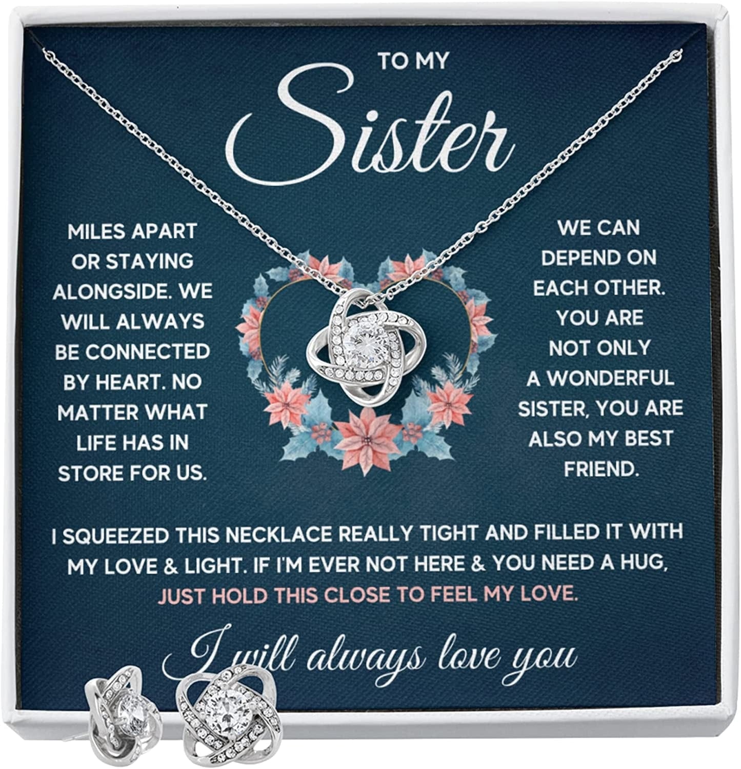 Sisters Gifts from Sister Necklaces for 2 Big Sister and Little Sister Happy Birthday Present for Women Jewelry Best Sister with Message Card and Gift Box Sister Squeezed / Knot Earrings Set