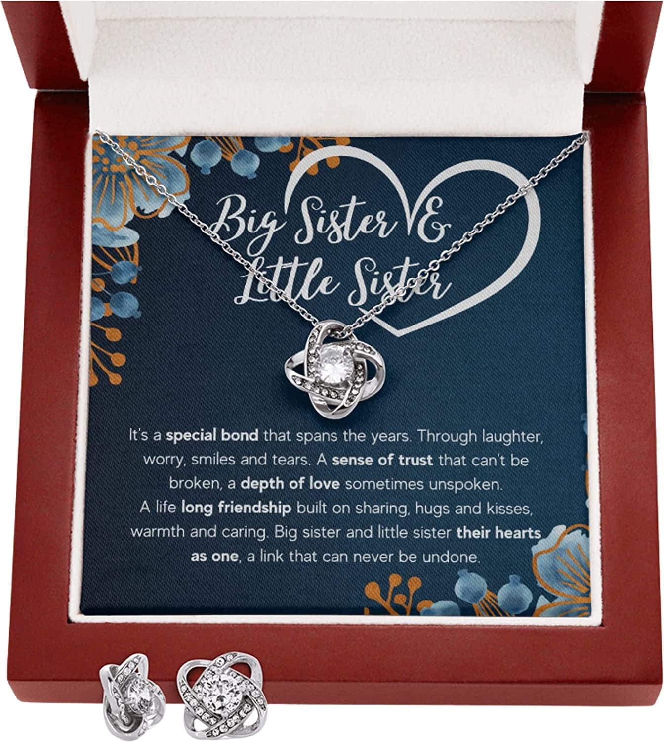 Sisters Gifts from Sister Necklaces for 2 Big Sister and Little Sister Happy Birthday Present for Women Jewelry Best Sister with Message Card and Gift Box Sister Bond / LED Knot Earrings Set