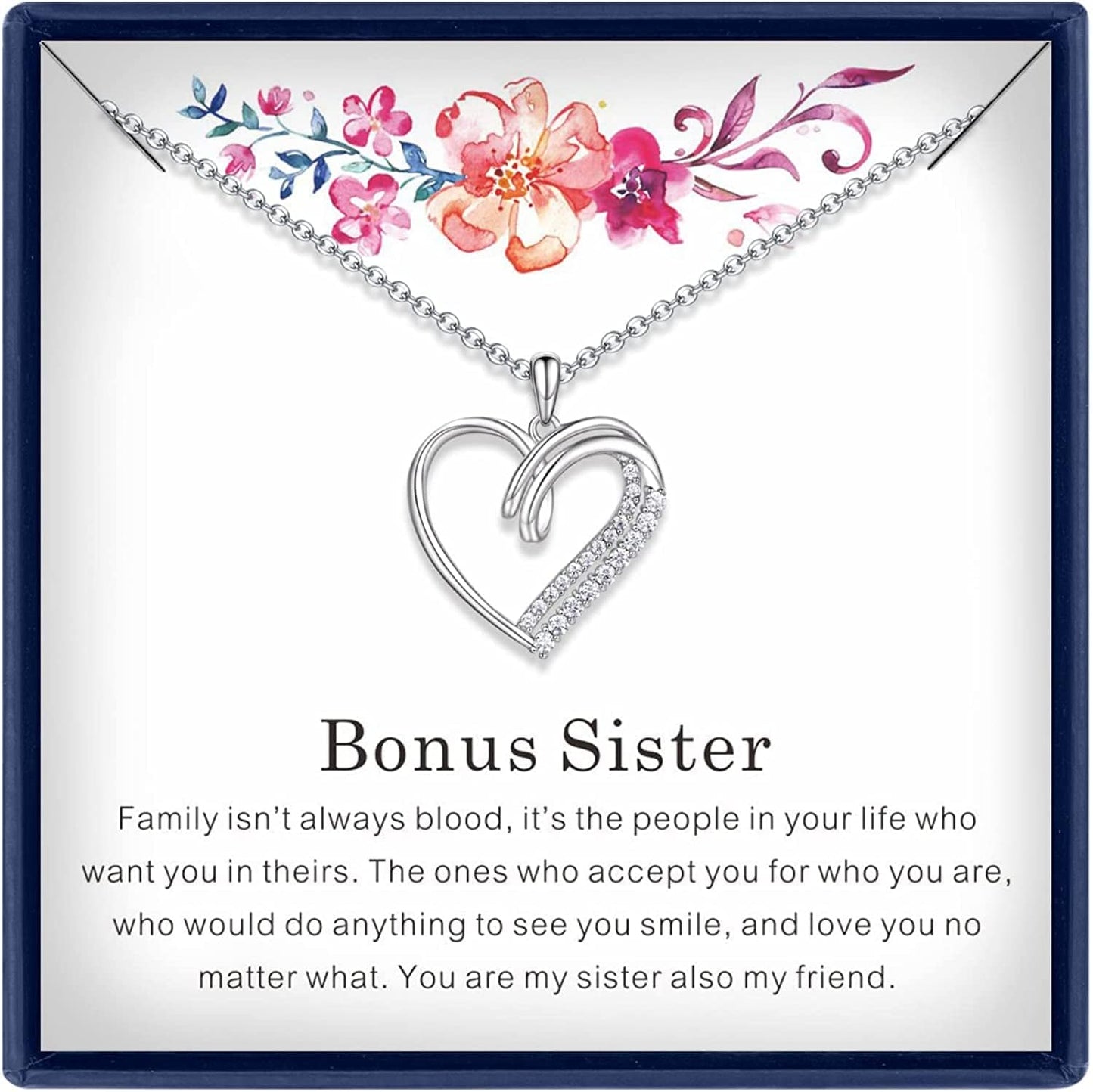Sisters Gifts from Sister Necklaces Sister in Law/Bonus Sister/Maid of Honor/Niece/Auntie/Friends Gifts for Women Sterling Silver Heart Necklace with Cubic Zirconia Birthday Gifts for Sister Big Sister Rakhi Gift for Sister bonus sister necklace