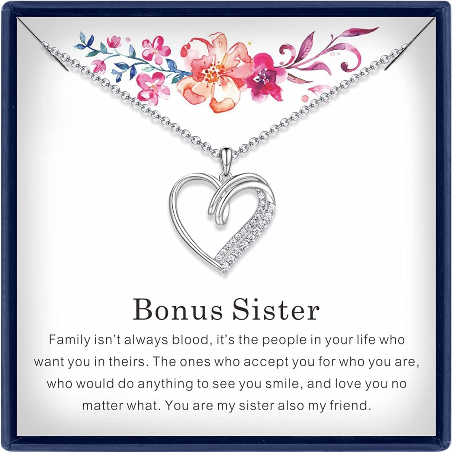 Sisters Gifts from Sister Necklaces Sister in Law/Bonus Sister/Maid of Honor/Niece/Auntie/Friends Gifts for Women Sterling Silver Heart Necklace with Cubic Zirconia Birthday Gifts for Sister Big Sister Rakhi Gift for Sister bonus sister necklace