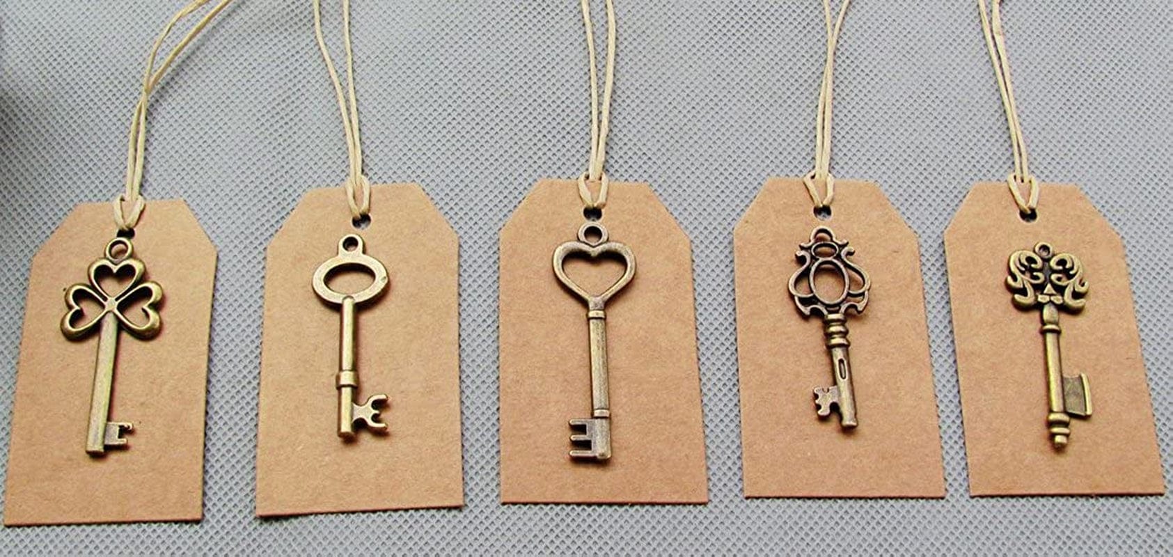 SL Crafts Mixed 100Pcs Skeleton Keys & 100 Pcs Kraft Tags Antiqued Brass Bronze Charms Pendants Wedding Favor 34Mm-68Mm