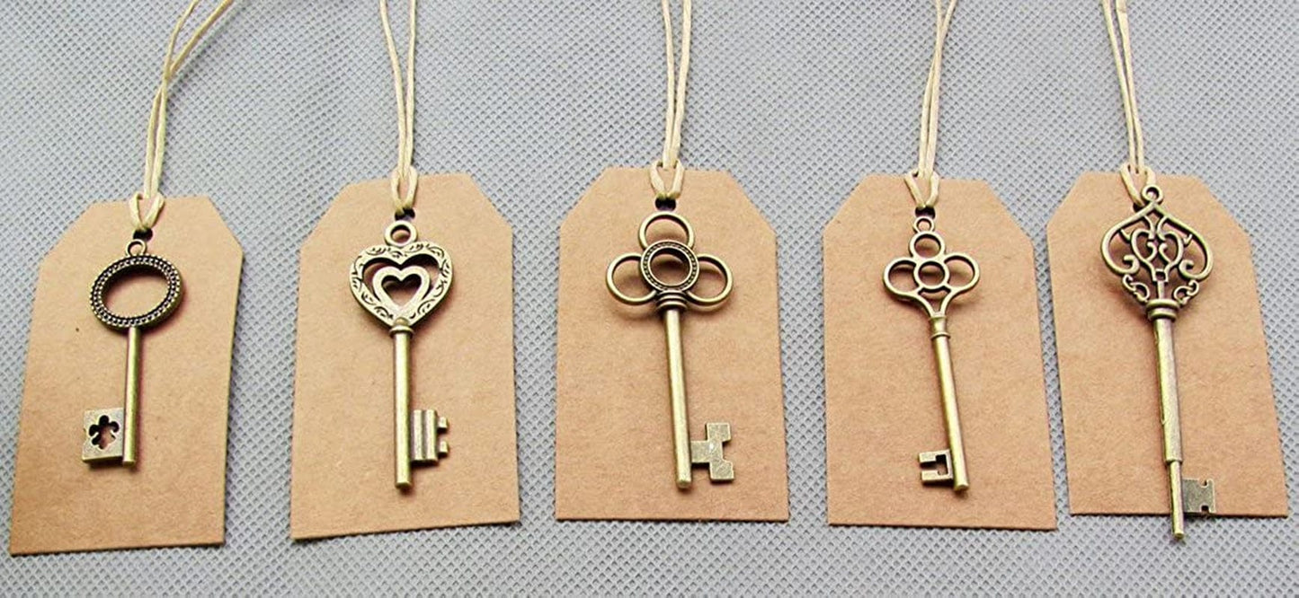 SL Crafts Mixed 100Pcs Skeleton Keys & 100 Pcs Kraft Tags Antiqued Brass Bronze Charms Pendants Wedding Favor 34Mm-68Mm