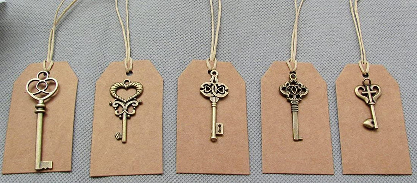 SL Crafts Mixed 100Pcs Skeleton Keys & 100 Pcs Kraft Tags Antiqued Brass Bronze Charms Pendants Wedding Favor 34Mm-68Mm