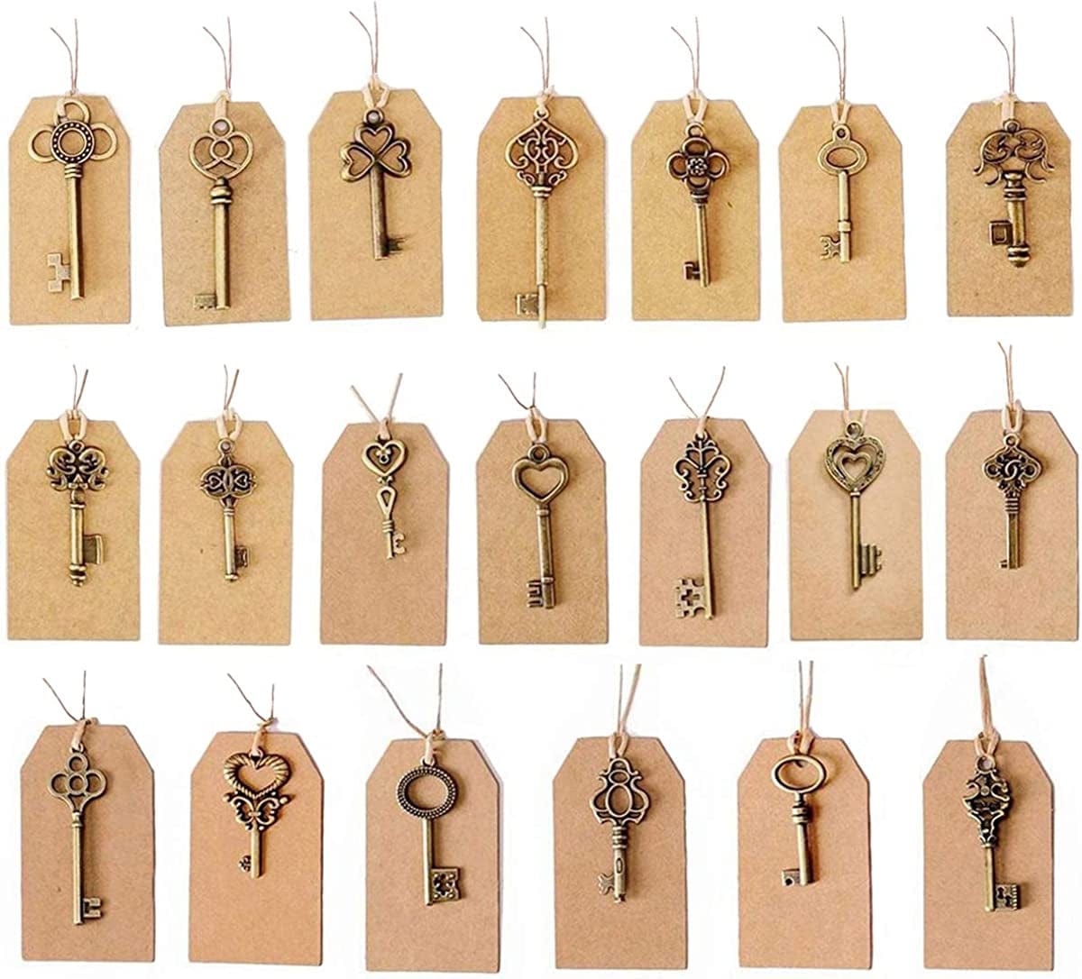 SL Crafts Mixed 100Pcs Skeleton Keys & 100 Pcs Kraft Tags Antiqued Brass Bronze Charms Pendants Wedding Favor 34Mm-68Mm