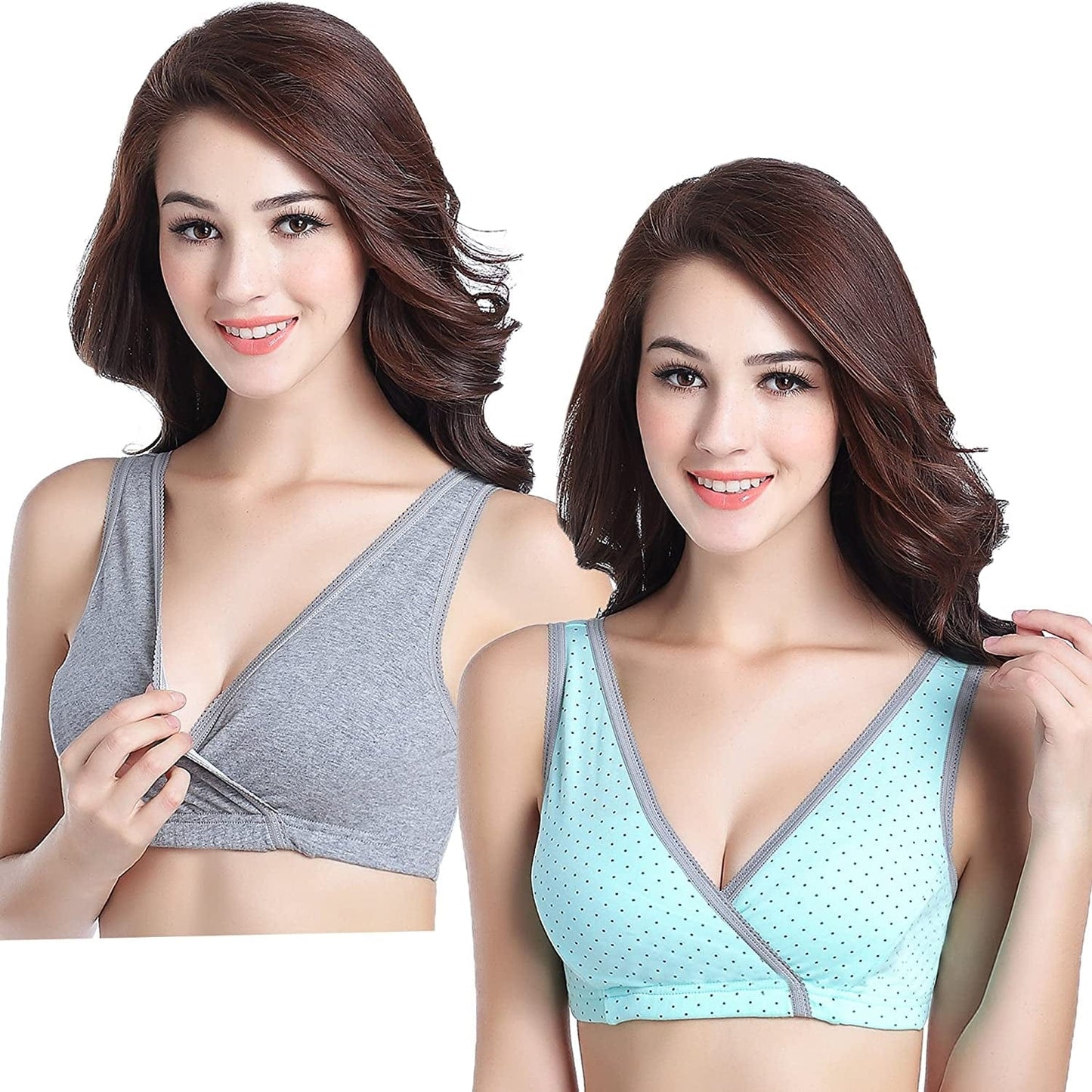 Sleep Nursing Bras Maternity Bralette Breastfeeding Cotton Pregnancy Bra Gray/Light Green / Small