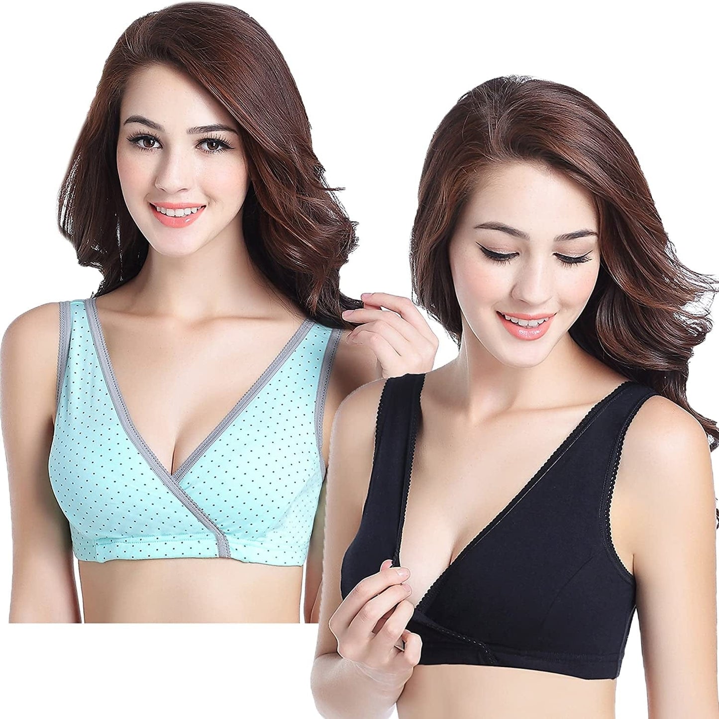 Sleep Nursing Bras Maternity Bralette Breastfeeding Cotton Pregnancy Bra Mint Green Dot/Black / Large