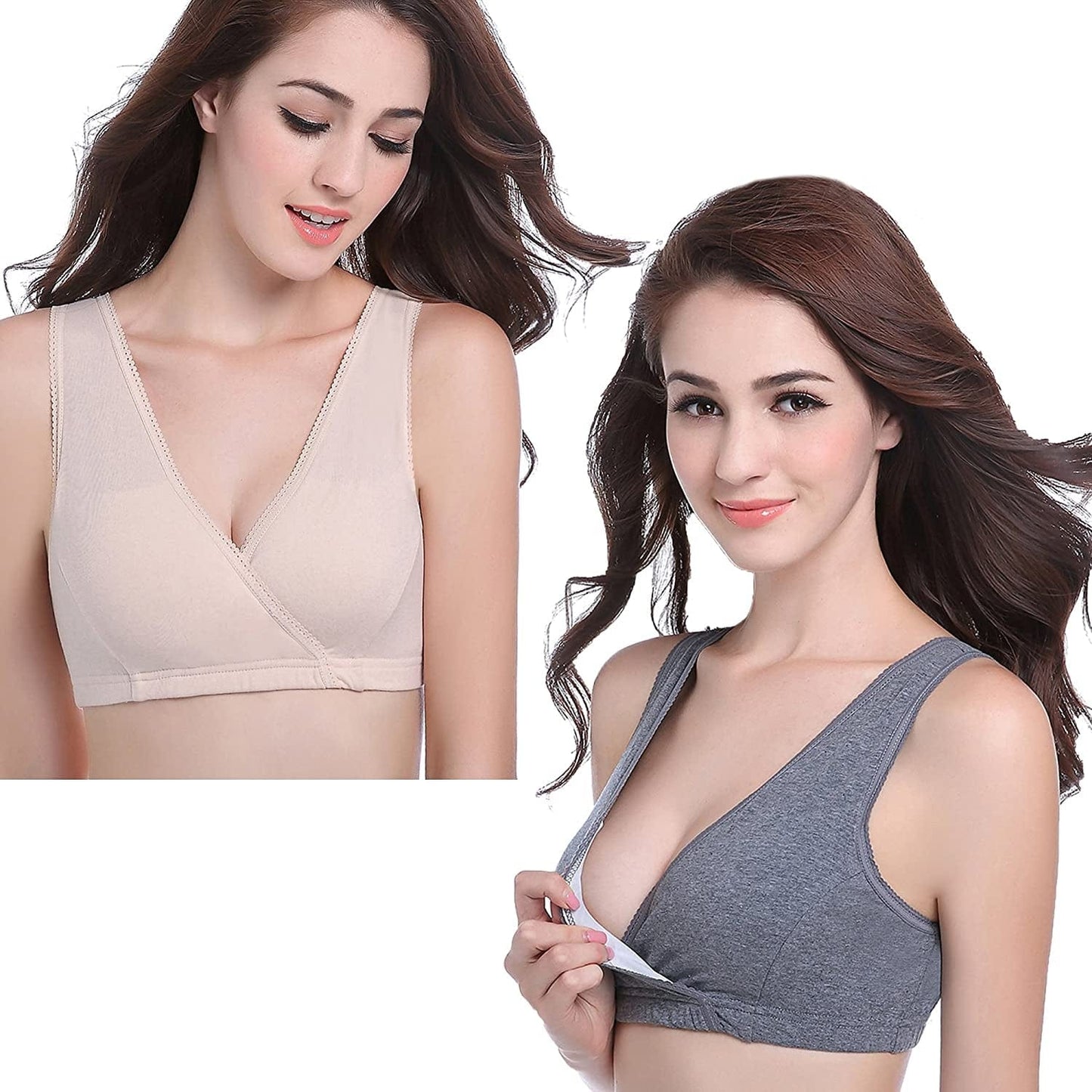 Sleep Nursing Bras Maternity Bralette Breastfeeding Cotton Pregnancy Bra Nude/Deep Grey / Medium