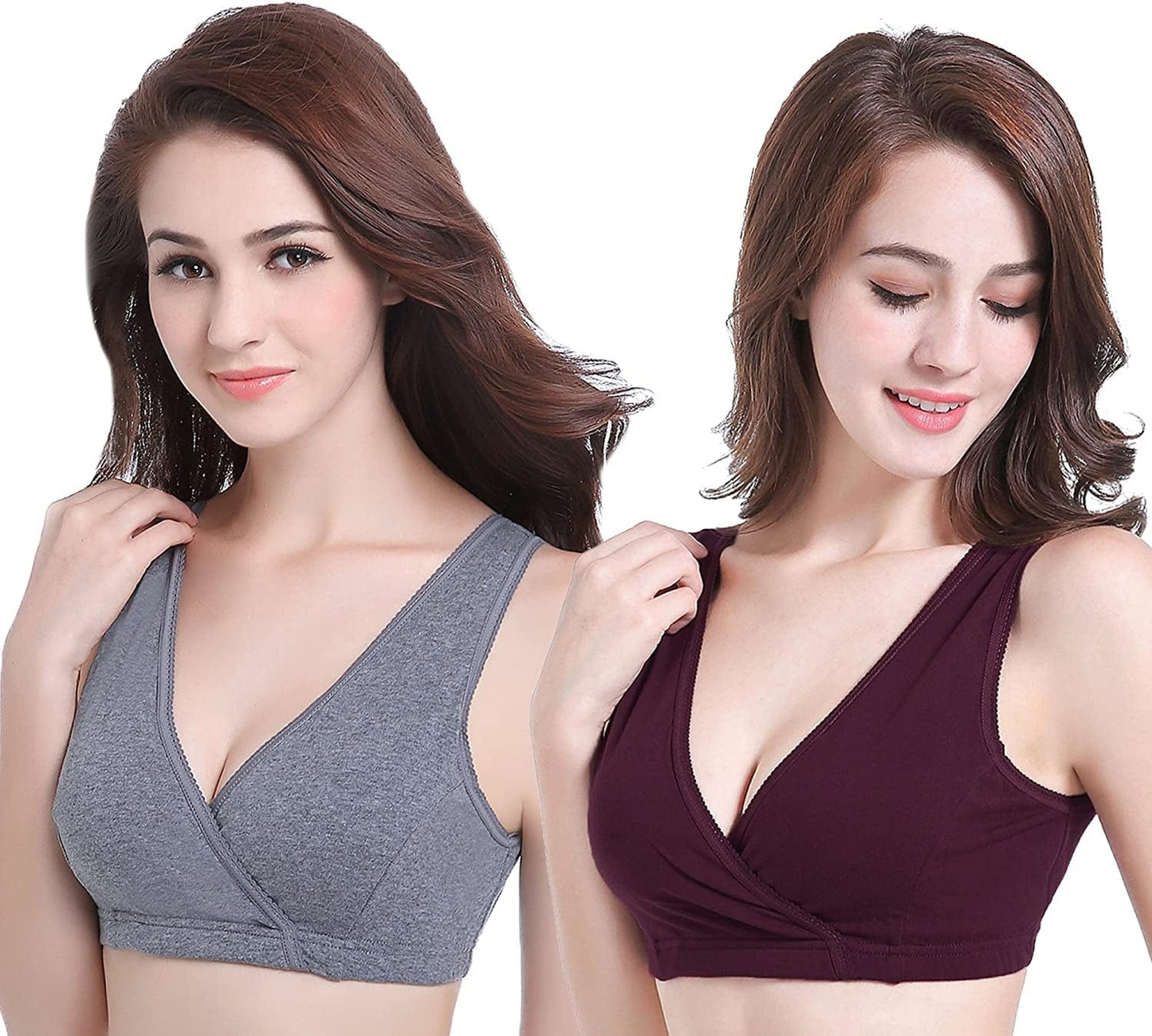 Sleep Nursing Bras Maternity Bralette Breastfeeding Cotton Pregnancy Bra Dark Grey/Burgundy / Large