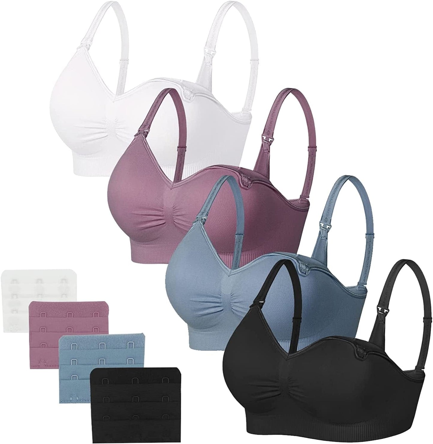 Sleeping Nursing Bras for Breastfeeding Maternity Bras for Pregnancy Seamless Bralette Underwear with Extra Extenders Black+dusty Blue+white+purplebean / XX-Large