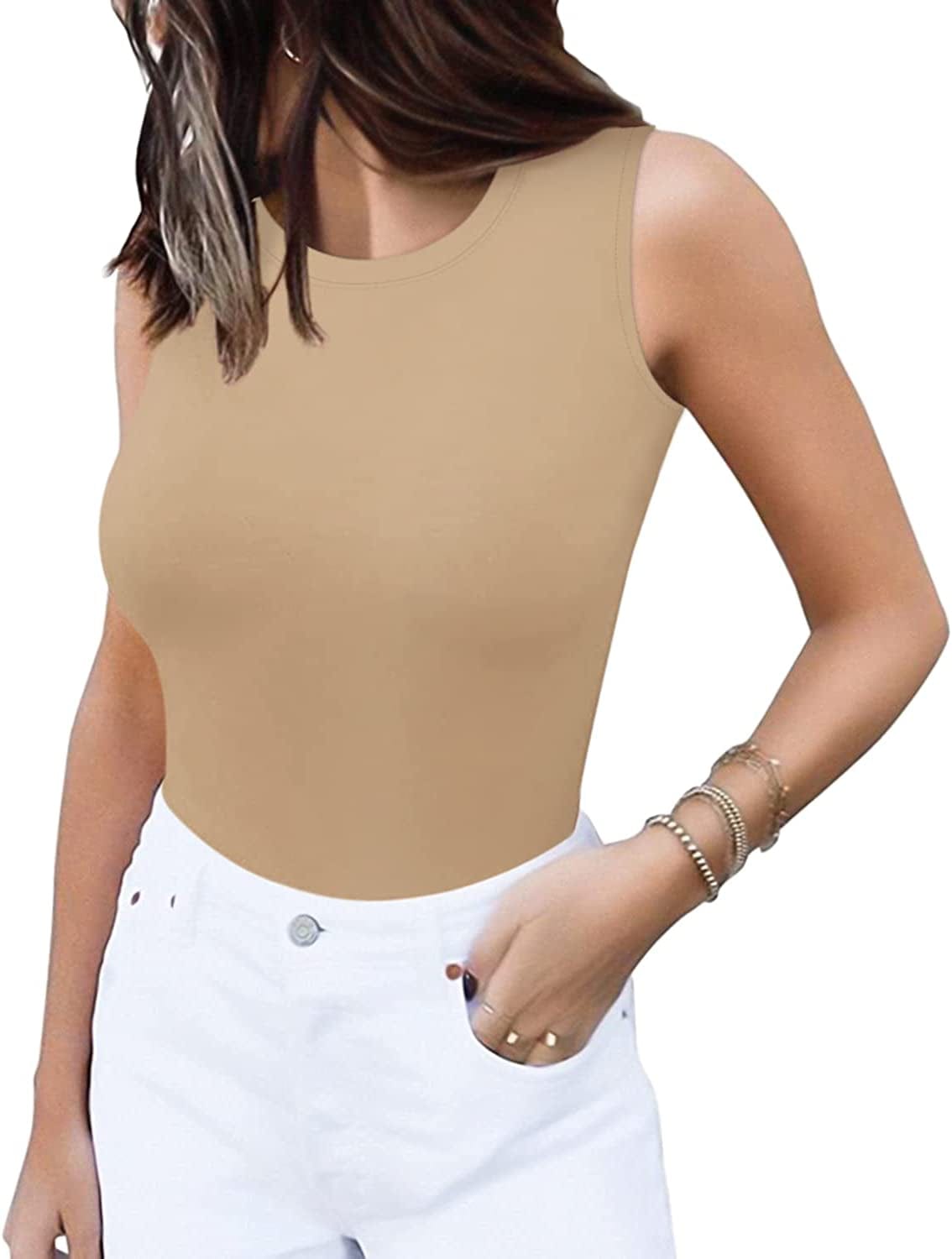 Sleeveless Crew Neck Tank Tops Bodysuit for Women for Going Out Crew Neck Mocha / XX-Large
