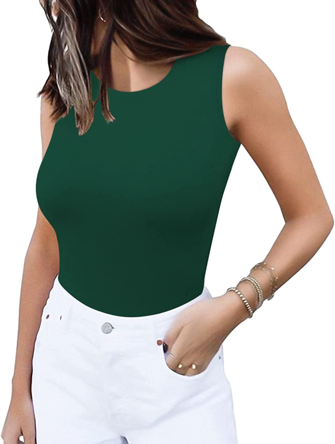 Sleeveless Crew Neck Tank Tops Bodysuit for Women for Going Out Crew Neck Deep Green / XX-Large