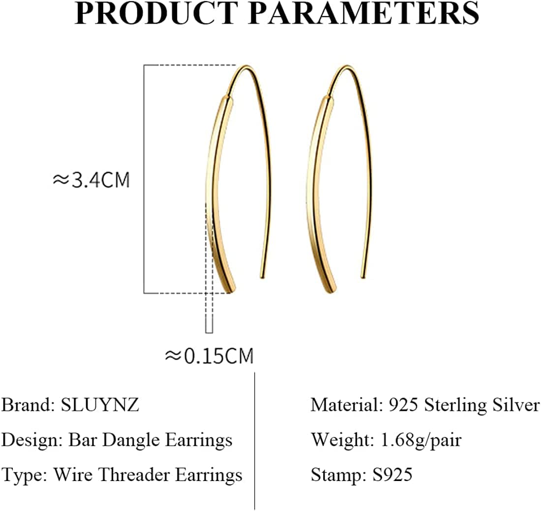 SLUYNZ 925 Sterling Silver Bar Dangle Earrings for Women Teen Girls Wire Threader Earrings Open Hoop Earrings