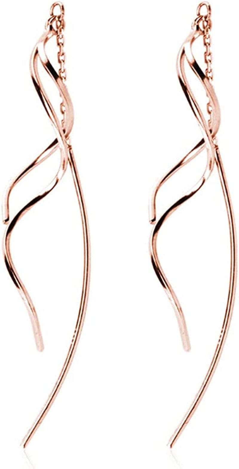 SLUYNZ 925 Sterling Silver Curve Threader Earrings Chain for Women Teen Girls Dangle Wave Earrings Tassel Rose Gold