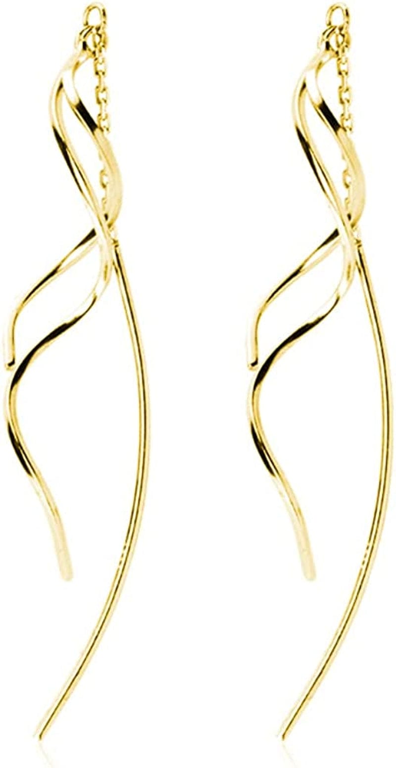 SLUYNZ 925 Sterling Silver Curve Threader Earrings Chain for Women Teen Girls Dangle Wave Earrings Tassel Gold