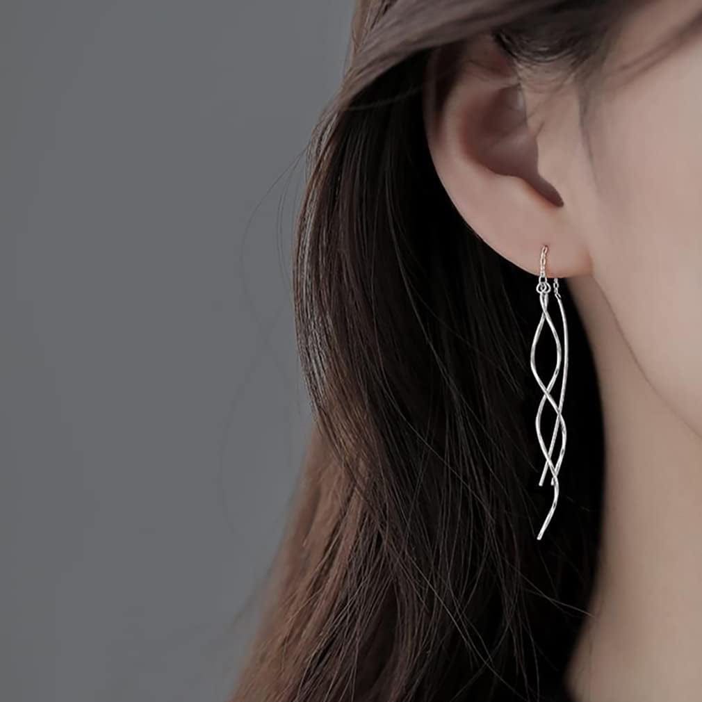 SLUYNZ 925 Sterling Silver Curve Threader Earrings Chain for Women Teen Girls Dangle Wave Earrings Tassel