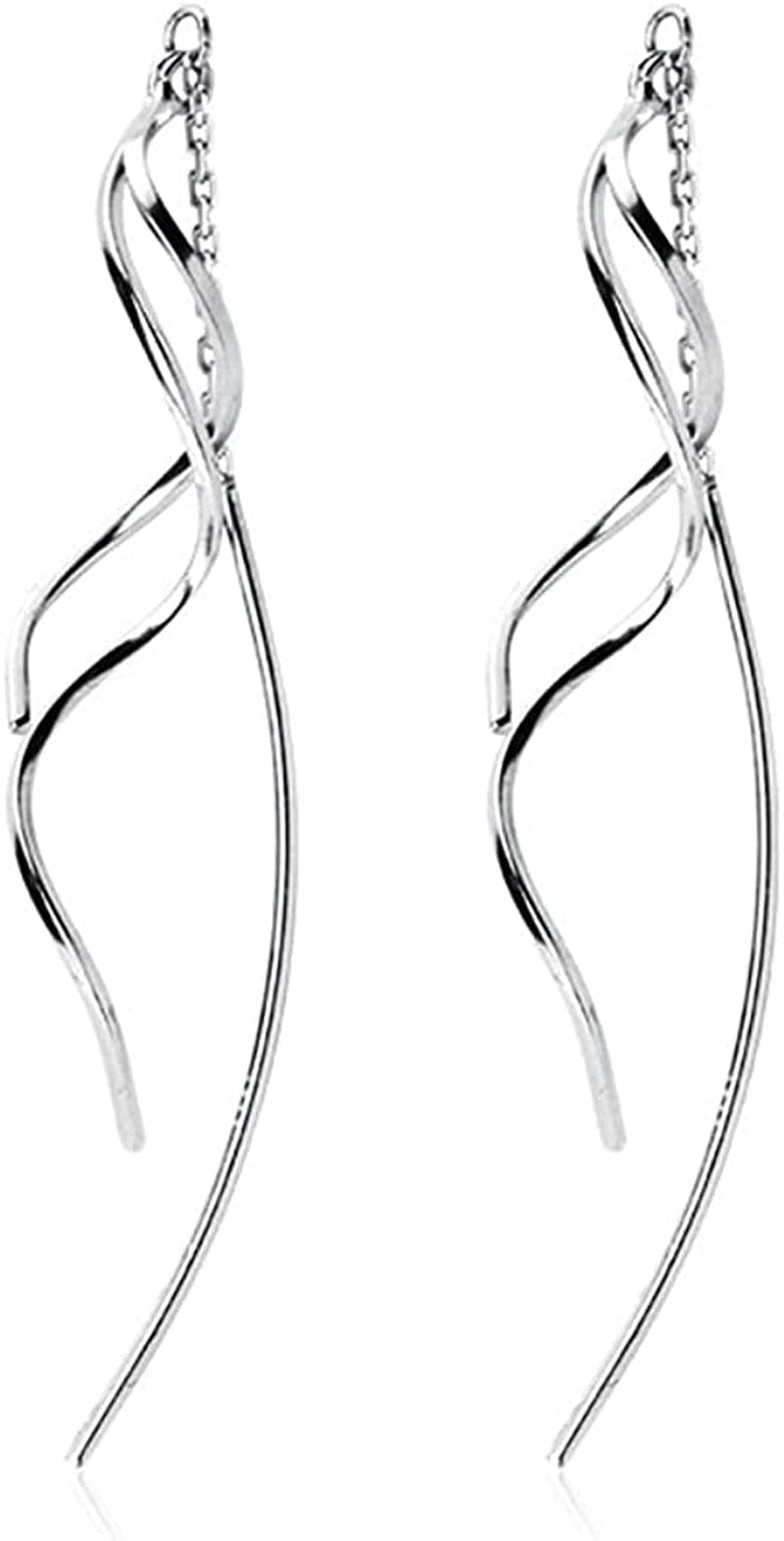 SLUYNZ 925 Sterling Silver Curve Threader Earrings Chain for Women Teen Girls Dangle Wave Earrings Tassel A-Silver