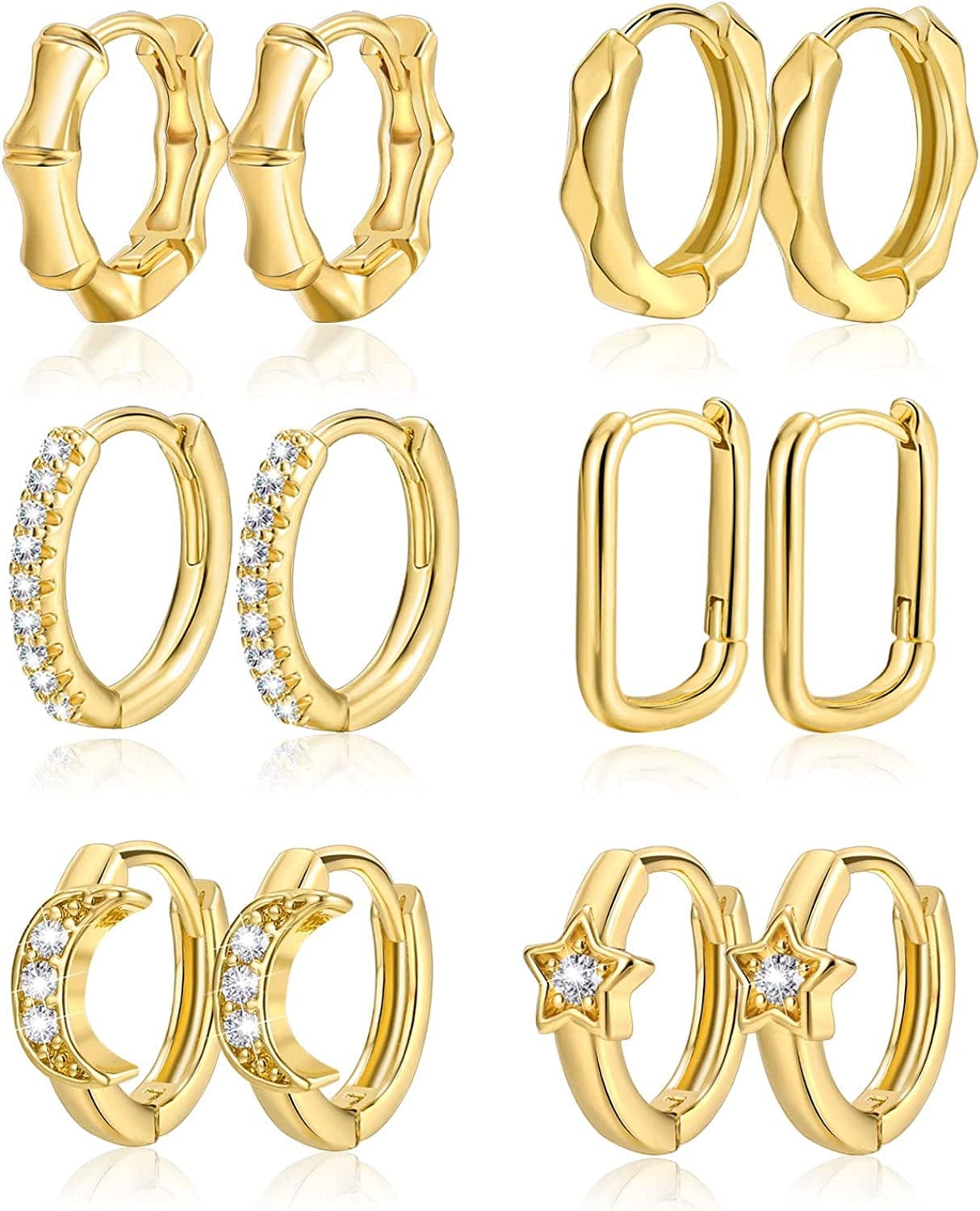 Small Gold Huggie Hoop Earrings Set for Women Girls, Hypoallergenic Twisted Cartilage Hoops, Tiny Silver Hoop Earrings Jewelry for Multiple Piercing C-Gold 6 pairs-U shaped