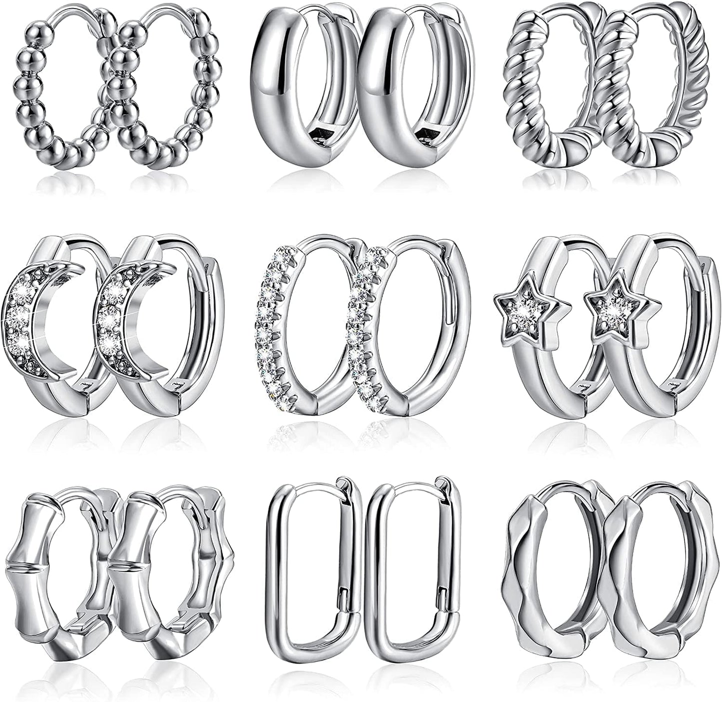Small Gold Huggie Hoop Earrings Set for Women Girls, Hypoallergenic Twisted Cartilage Hoops, Tiny Silver Hoop Earrings Jewelry for Multiple Piercing E-Silver 9 pairs