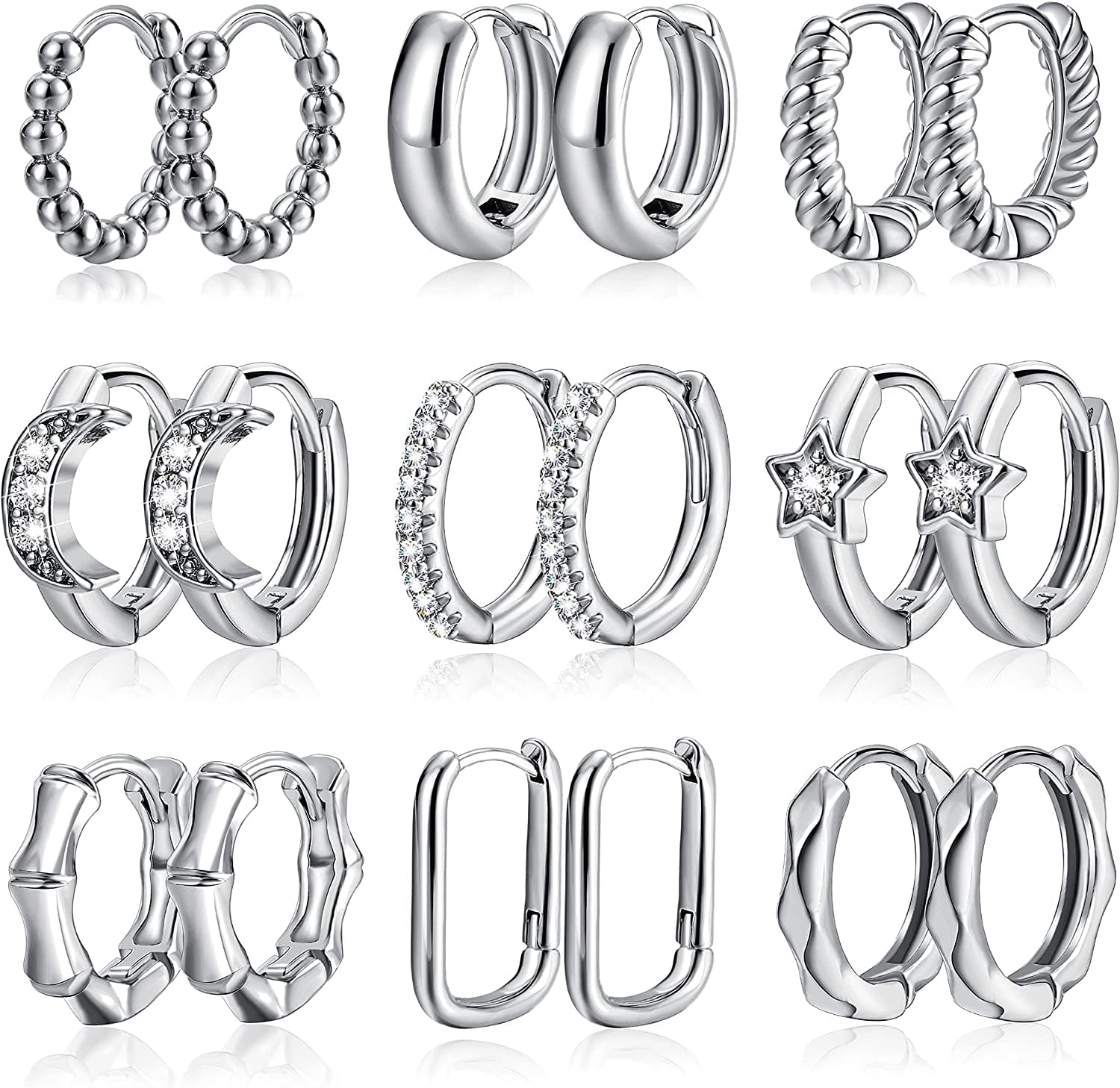 Small Gold Huggie Hoop Earrings Set for Women Girls, Hypoallergenic Twisted Cartilage Hoops, Tiny Silver Hoop Earrings Jewelry for Multiple Piercing E-Silver 9 pairs