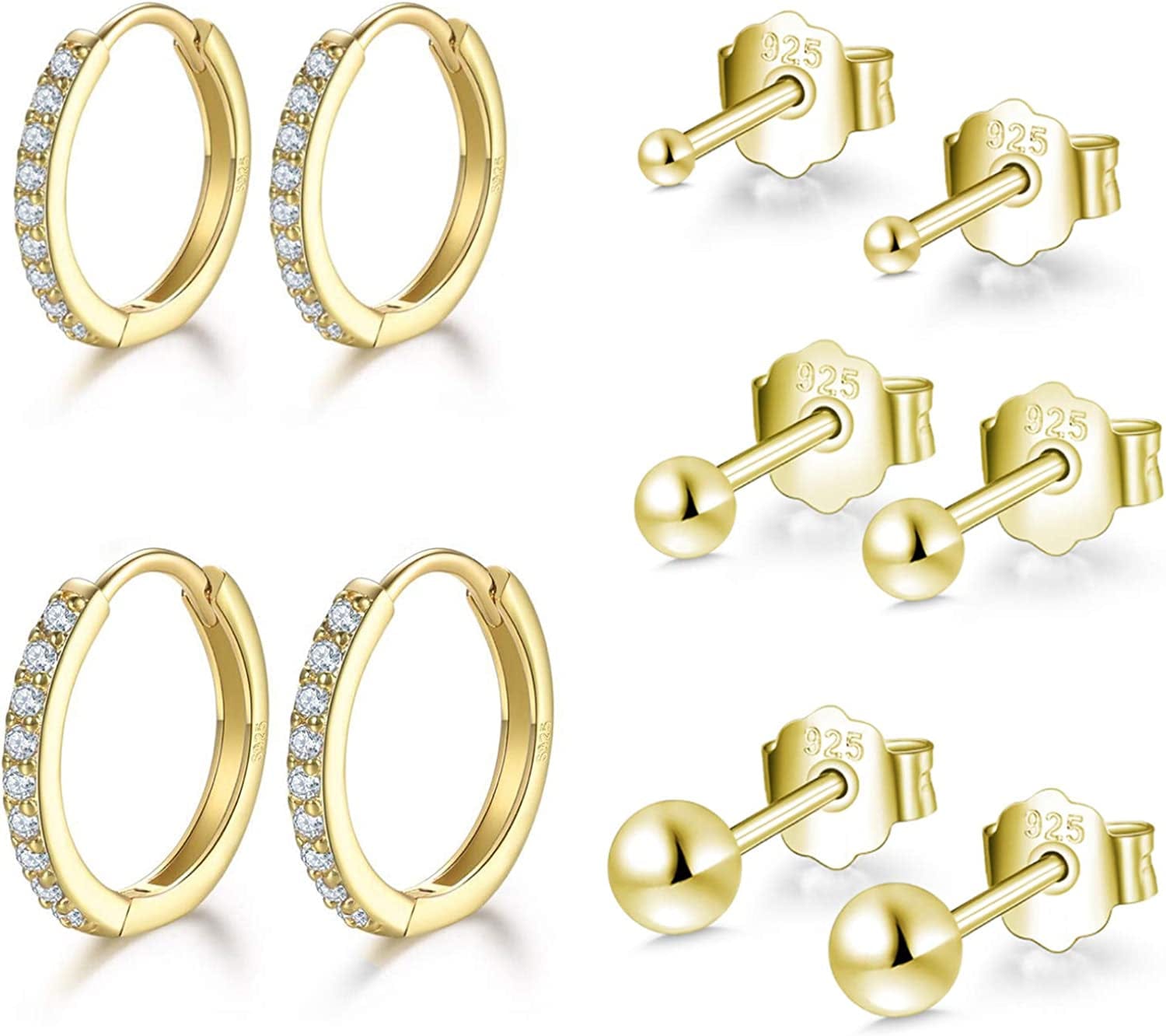 Small Sterling Silver Stud Earrings Set Tiny Cartilage Huggie Hoop Earrings Cubic Zirconia Cuff Earrings Silver Hoop Earrings for Women Men Girls gGold-Ball Studs+Hoop