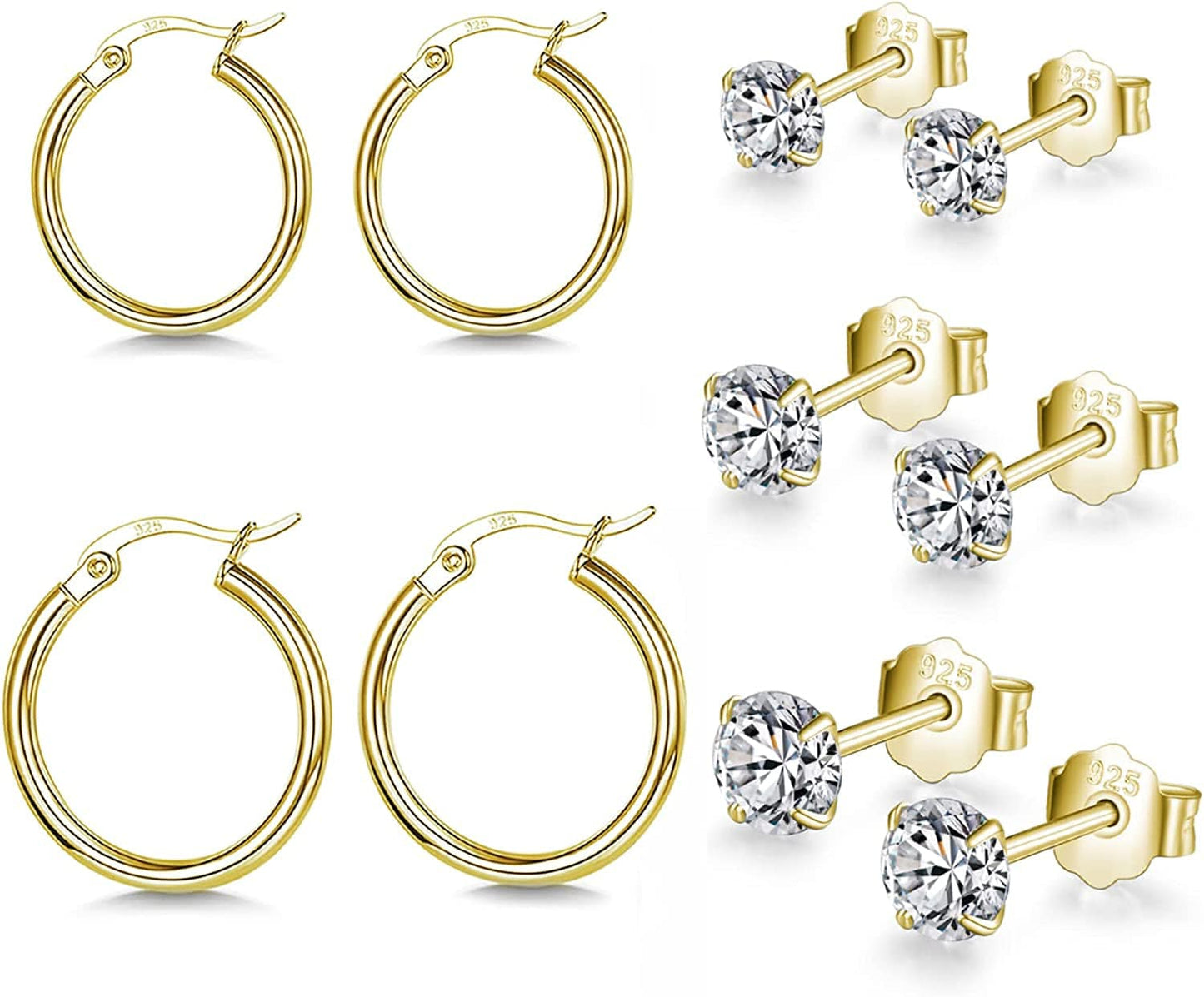 Small Sterling Silver Stud Earrings Set Tiny Cartilage Huggie Hoop Earrings Cubic Zirconia Cuff Earrings Silver Hoop Earrings for Women Men Girls eGold-Gold Hoop+CZ Studs