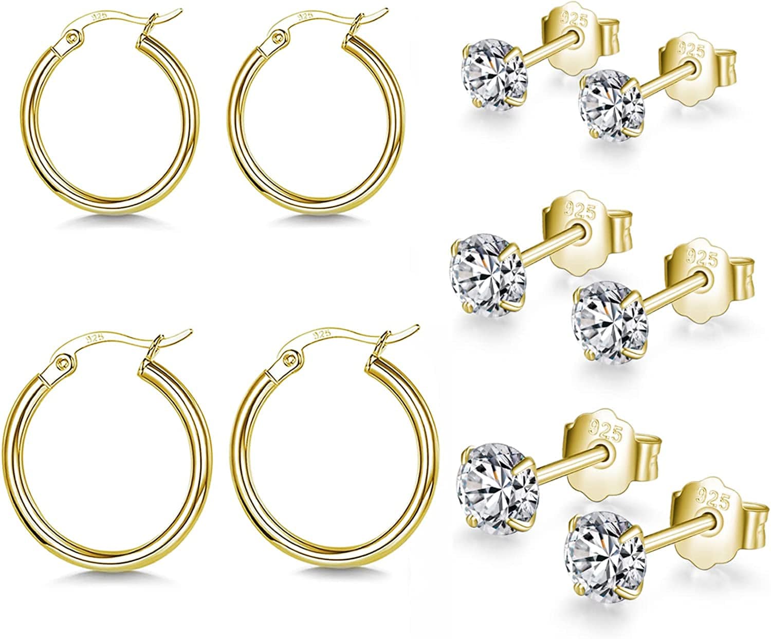 Small Sterling Silver Stud Earrings Set Tiny Cartilage Huggie Hoop Earrings Cubic Zirconia Cuff Earrings Silver Hoop Earrings for Women Men Girls eGold-Gold Hoop+CZ Studs