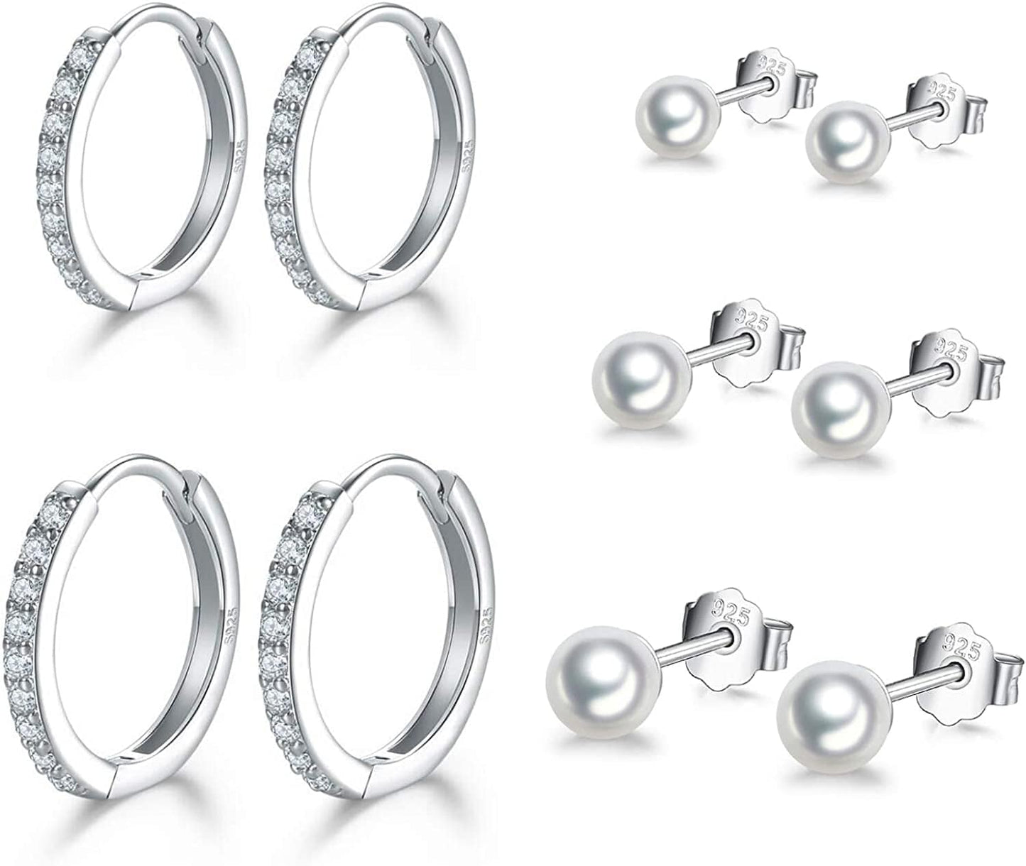 Small Sterling Silver Stud Earrings Set Tiny Cartilage Huggie Hoop Earrings Cubic Zirconia Cuff Earrings Silver Hoop Earrings for Women Men Girls hSilver-Pearl Studs+Hoop