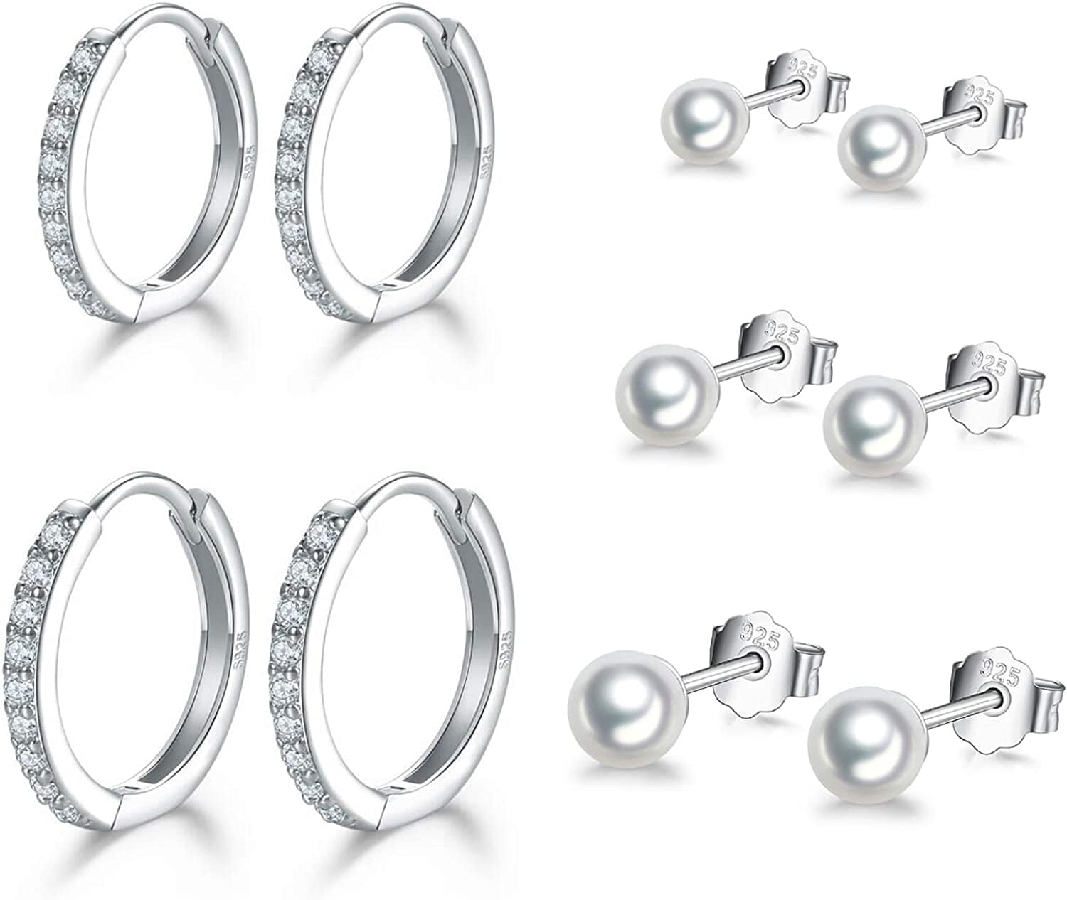 Small Sterling Silver Stud Earrings Set Tiny Cartilage Huggie Hoop Earrings Cubic Zirconia Cuff Earrings Silver Hoop Earrings for Women Men Girls hSilver-Pearl Studs+Hoop