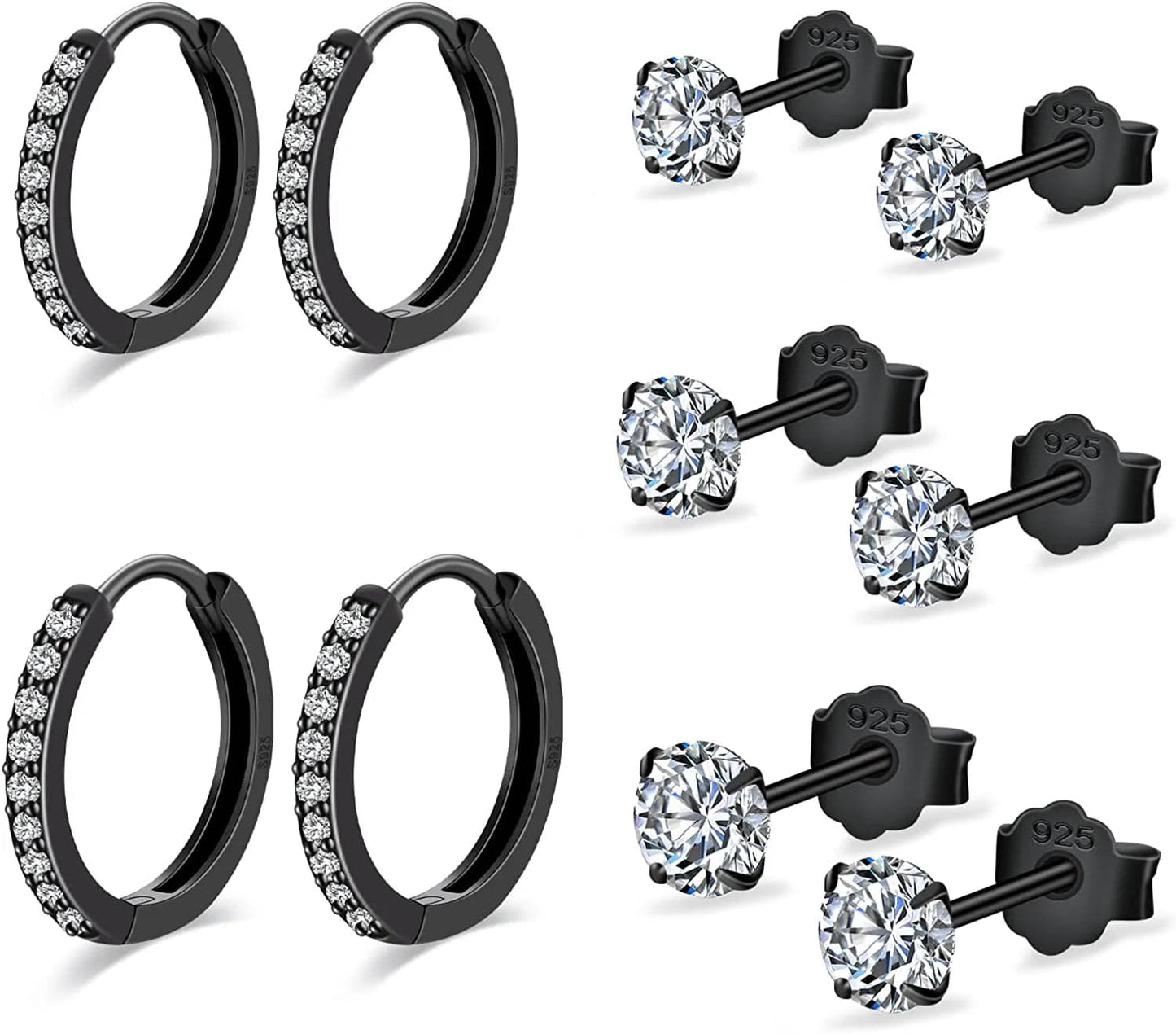 Small Sterling Silver Stud Earrings Set Tiny Cartilage Huggie Hoop Earrings Cubic Zirconia Cuff Earrings Silver Hoop Earrings for Women Men Girls cBlack gold-Cubic Zirconia Studs+Hoop