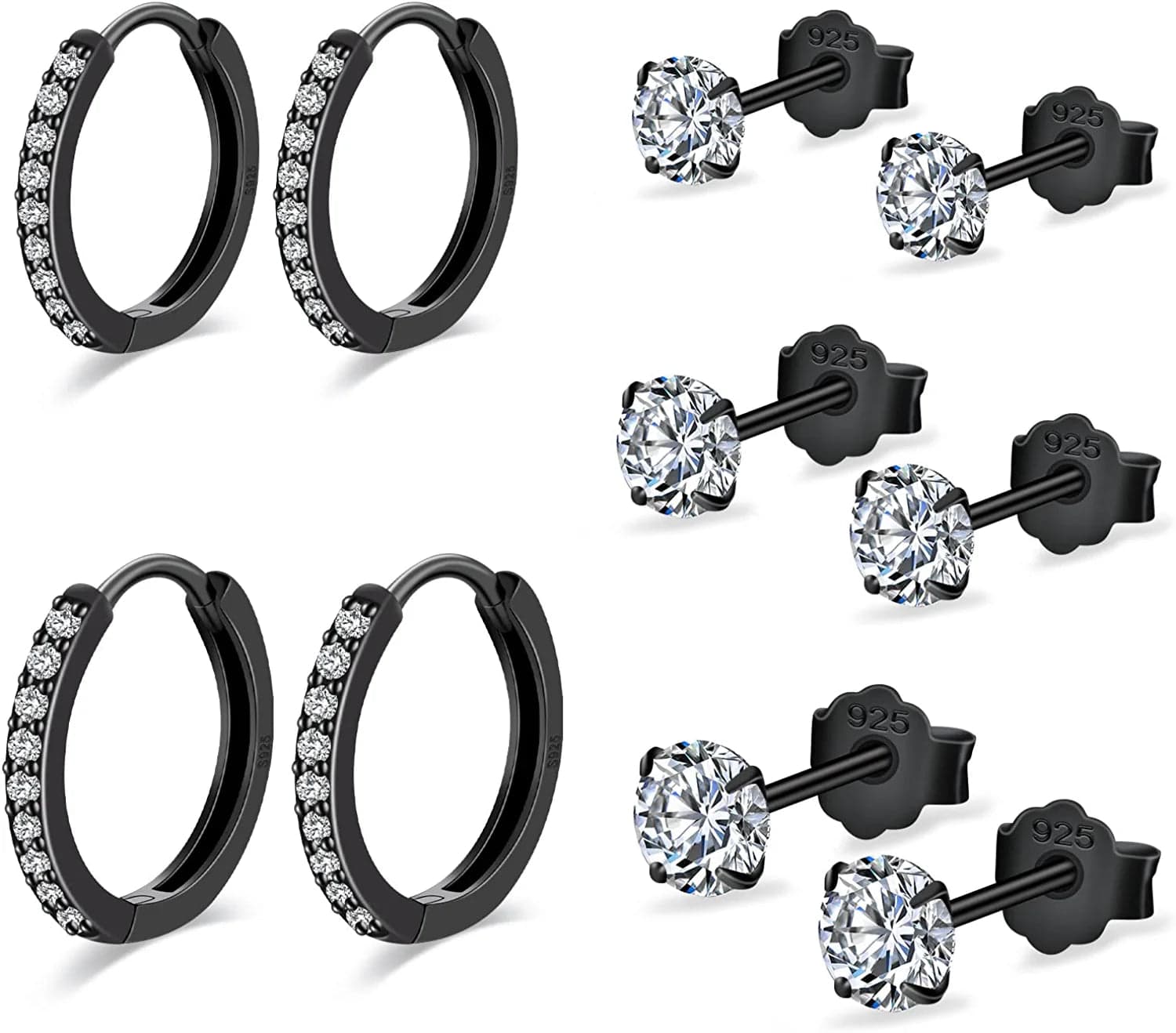 Small Sterling Silver Stud Earrings Set Tiny Cartilage Huggie Hoop Earrings Cubic Zirconia Cuff Earrings Silver Hoop Earrings for Women Men Girls cBlack gold-Cubic Zirconia Studs+Hoop