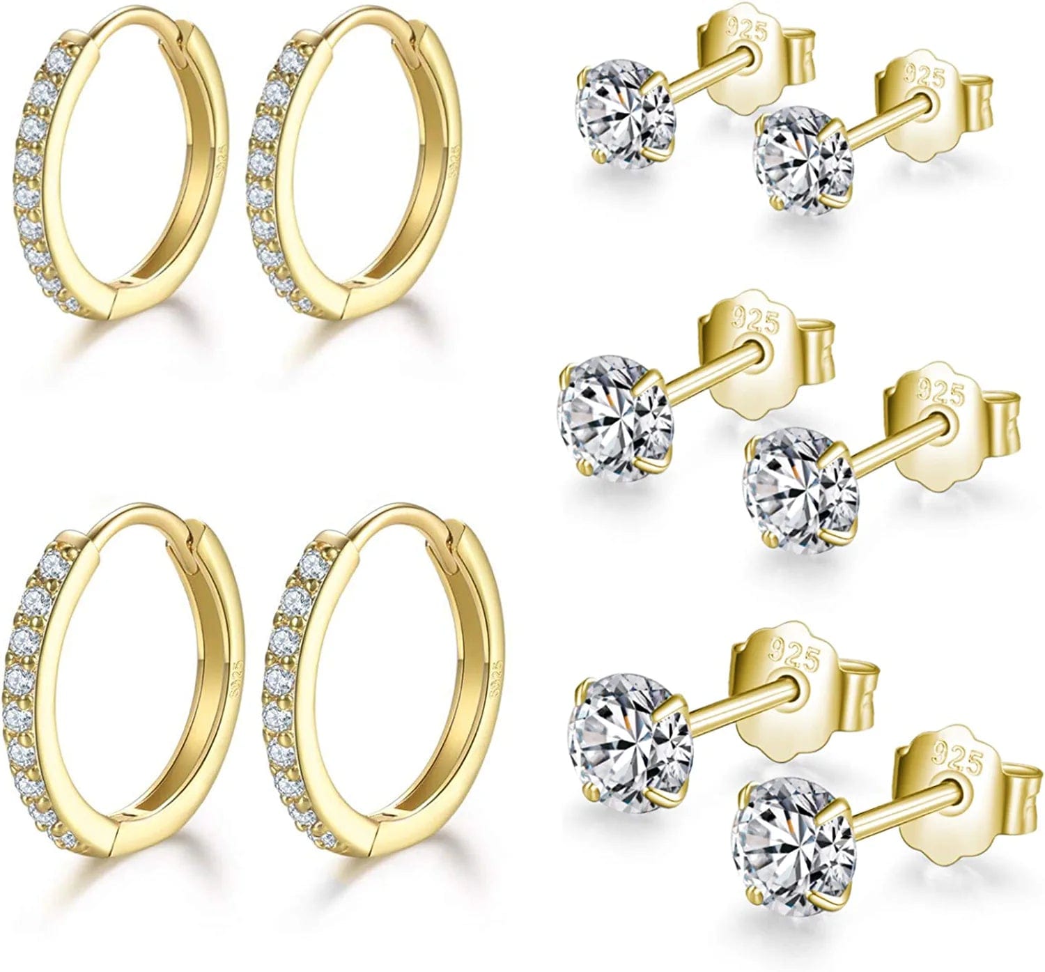 Small Sterling Silver Stud Earrings Set Tiny Cartilage Huggie Hoop Earrings Cubic Zirconia Cuff Earrings Silver Hoop Earrings for Women Men Girls Gold-Cubic Zirconia Studs+Hoop