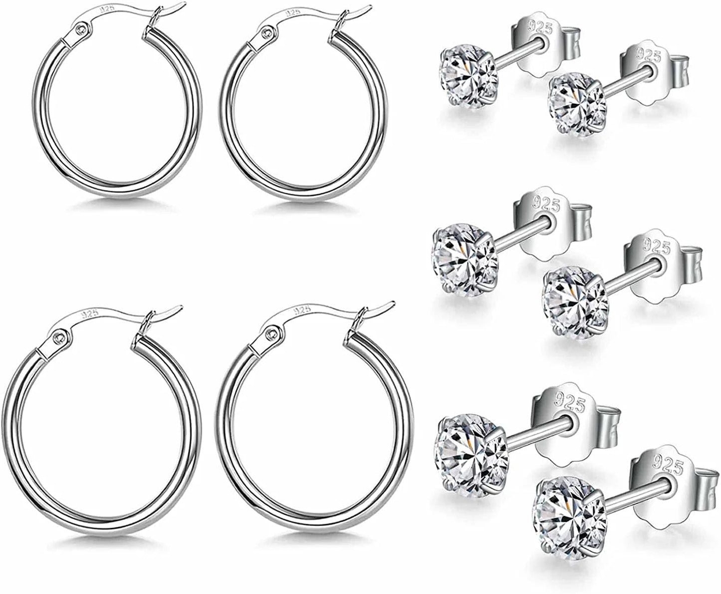 Small Sterling Silver Stud Earrings Set Tiny Cartilage Huggie Hoop Earrings Cubic Zirconia Cuff Earrings Silver Hoop Earrings for Women Men Girls dSilver-Silver Hoop+CZ Studs